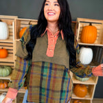 Mixed Media Plaid Button Detail Top - Olive - Lace and Grace Boutique