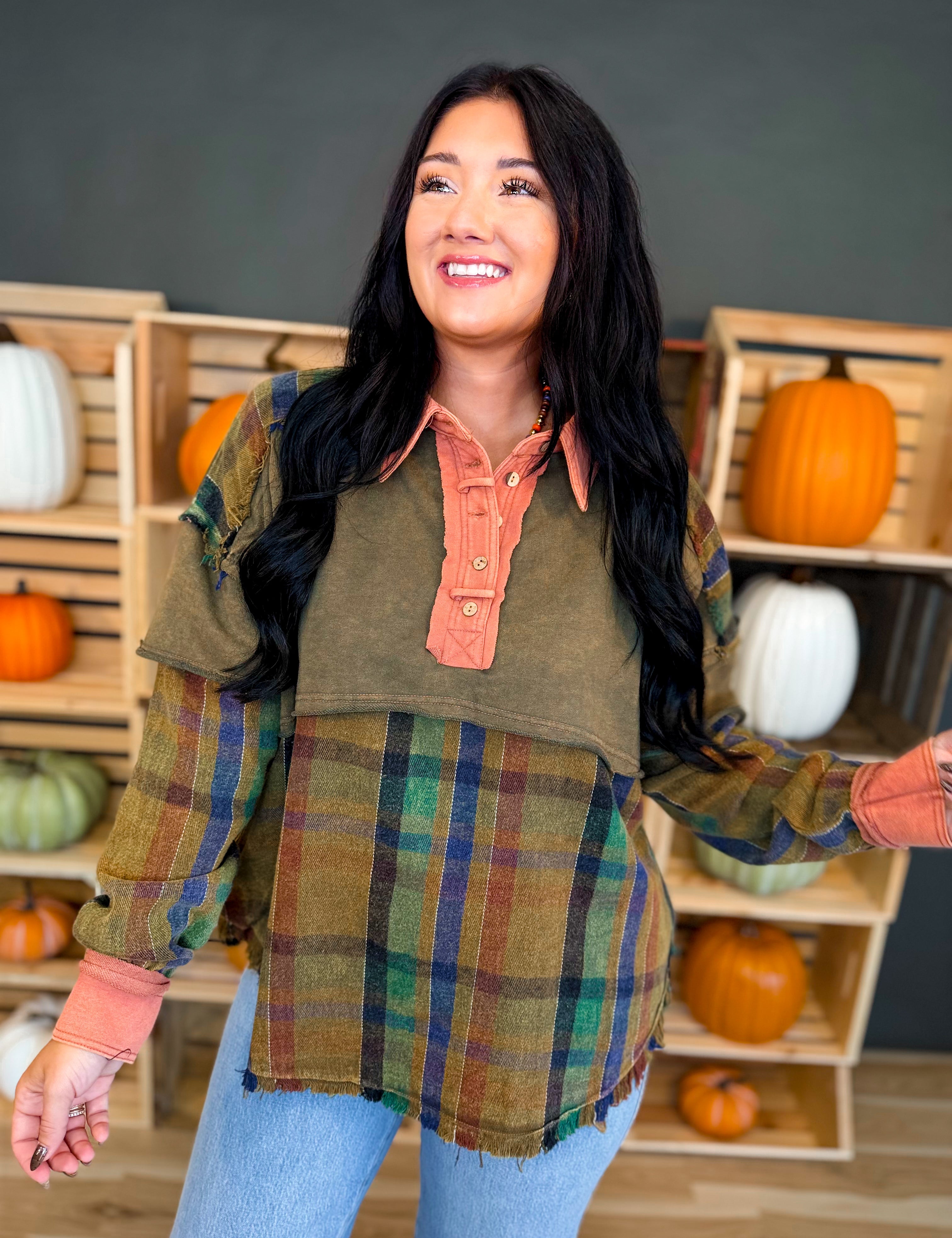 Mixed Media Plaid Button Detail Top - Olive - Lace and Grace Boutique