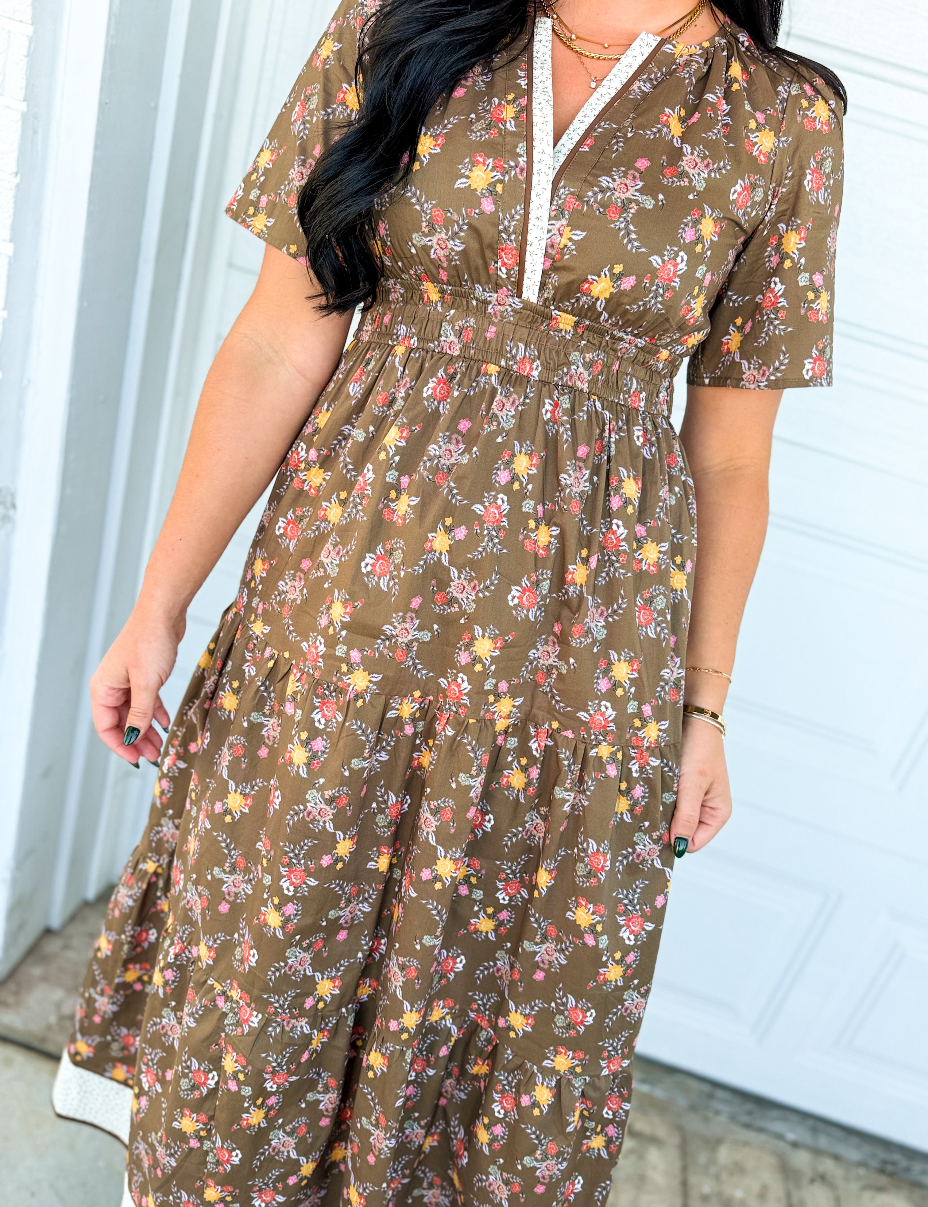 Floral Print & Contrast Border Tiered Maxi Dress - Cedarwood - Lace and Grace Boutique