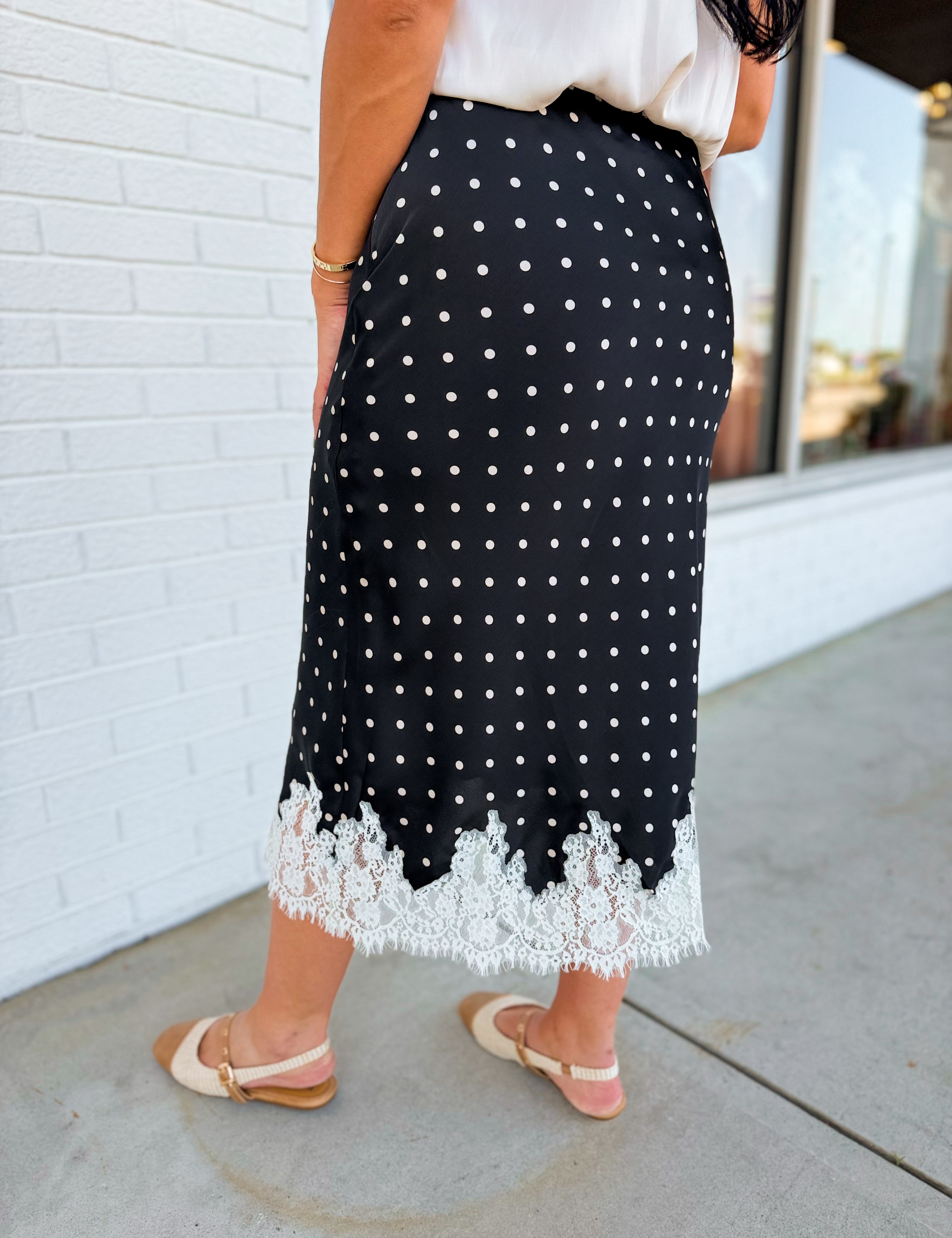 Lace Trim Polka Dot Midi Skirt - Black - Lace and Grace Boutique