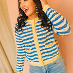 Wavy Striped Contrast Sweater Cardigan - Blue/White - Lace and Grace Boutique