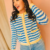Wavy Striped Contrast Sweater Cardigan - Blue/White - Lace and Grace Boutique