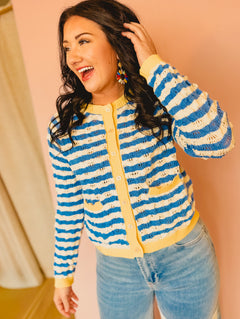 Wavy Striped Contrast Sweater Cardigan - Blue/White - Lace and Grace Boutique