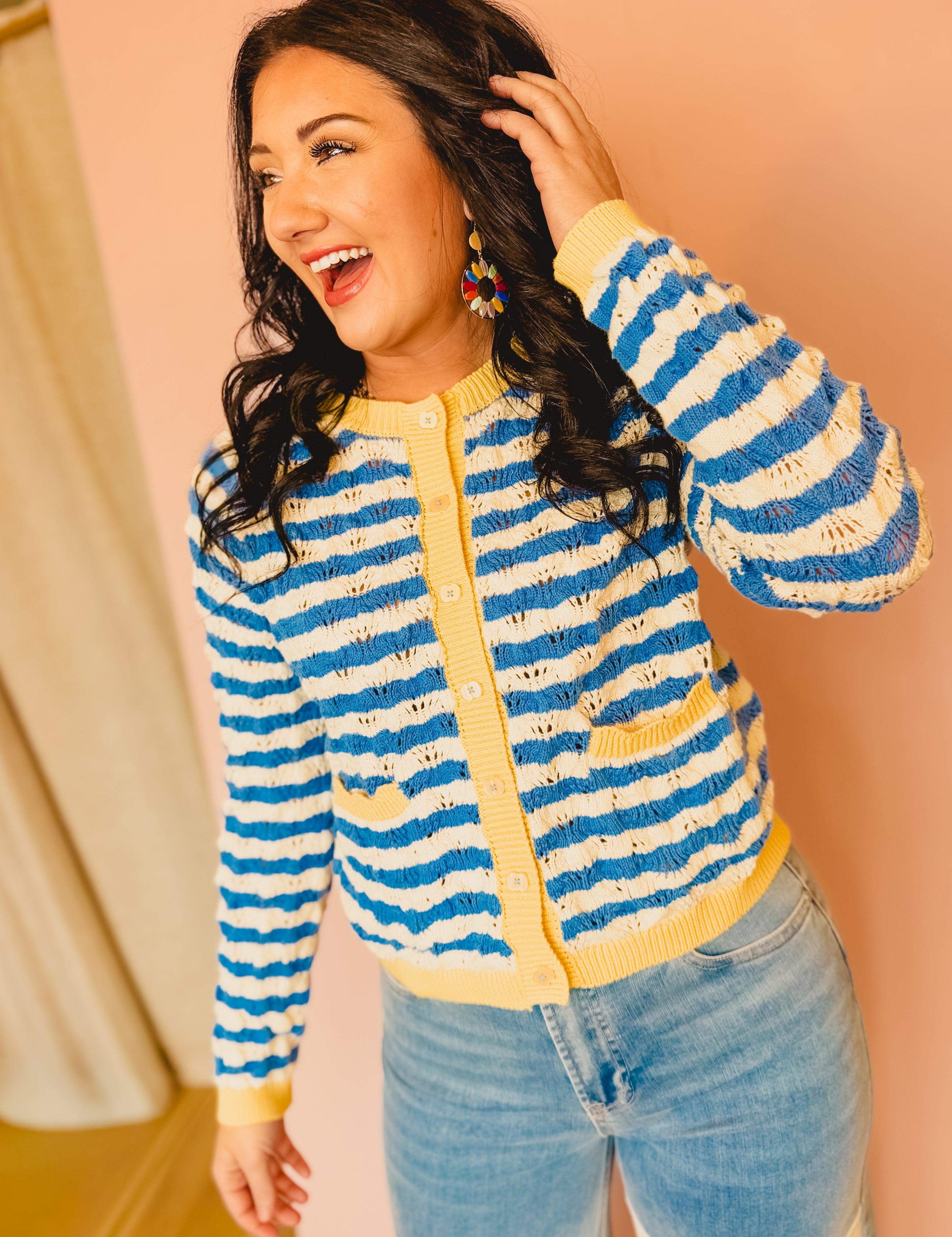Wavy Striped Contrast Sweater Cardigan - Blue/White - Lace and Grace Boutique