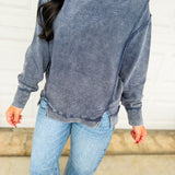 Acid Wash Ribbed Pullover Top - Navy