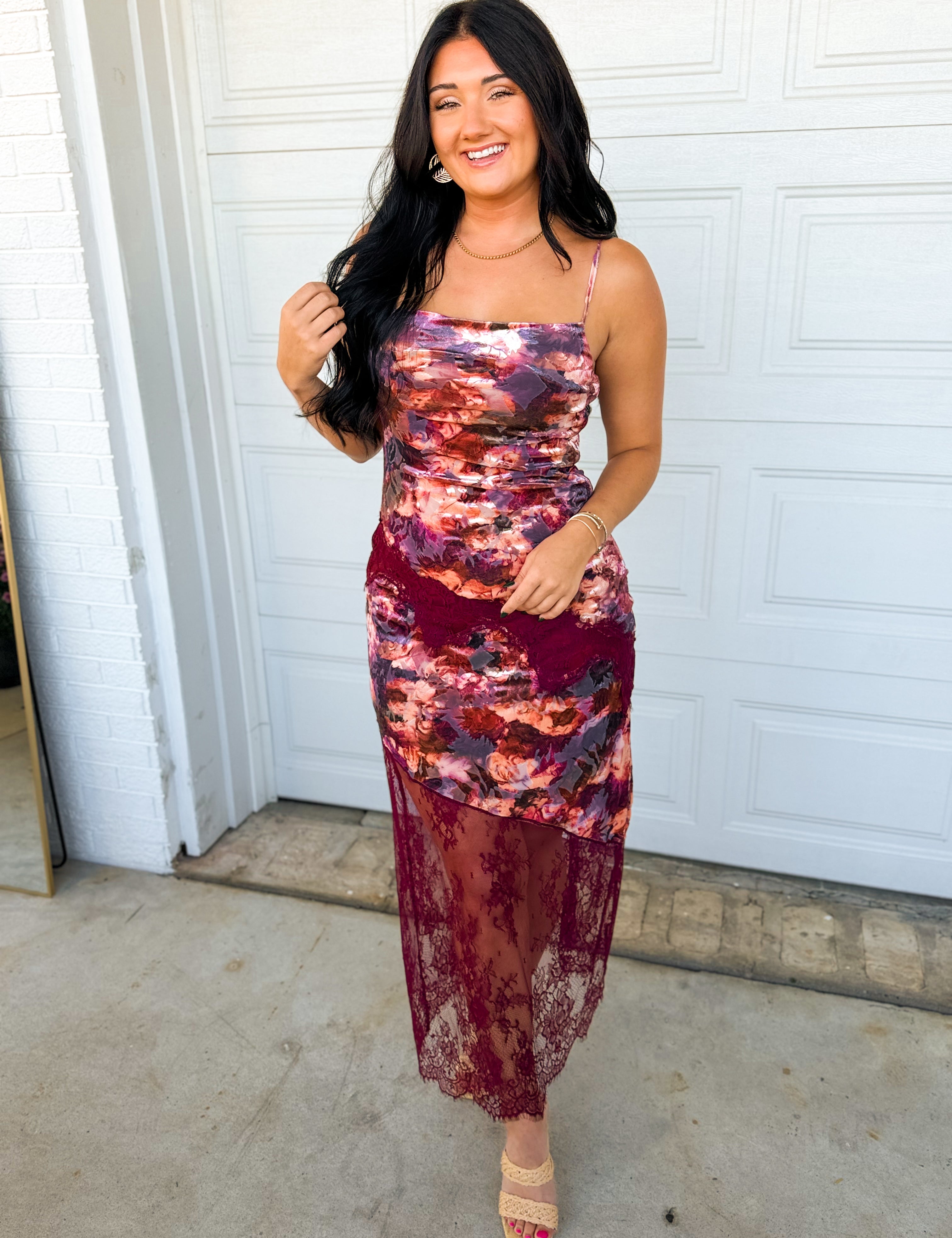 Floral Velvet Lace Trim Maxi Dress - Plum - Lace and Grace Boutique