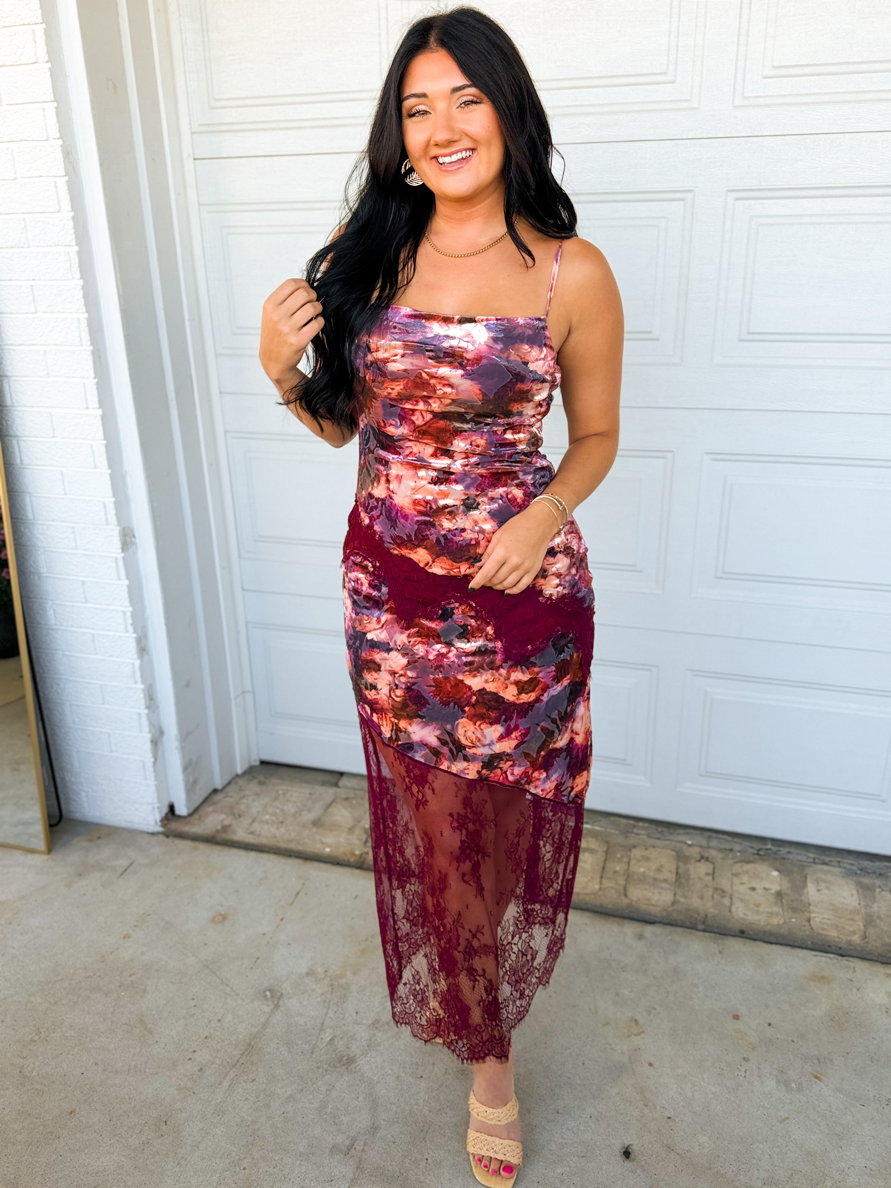 Floral Velvet Lace Trim Maxi Dress - Plum - Lace and Grace Boutique