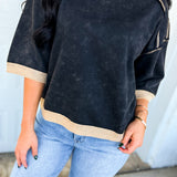 Mineral Wash Contrast Trim Short Sleeve Sweatshirt - Ash