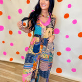 POL V-Neck Patchwork Overalls - Almond Multi
