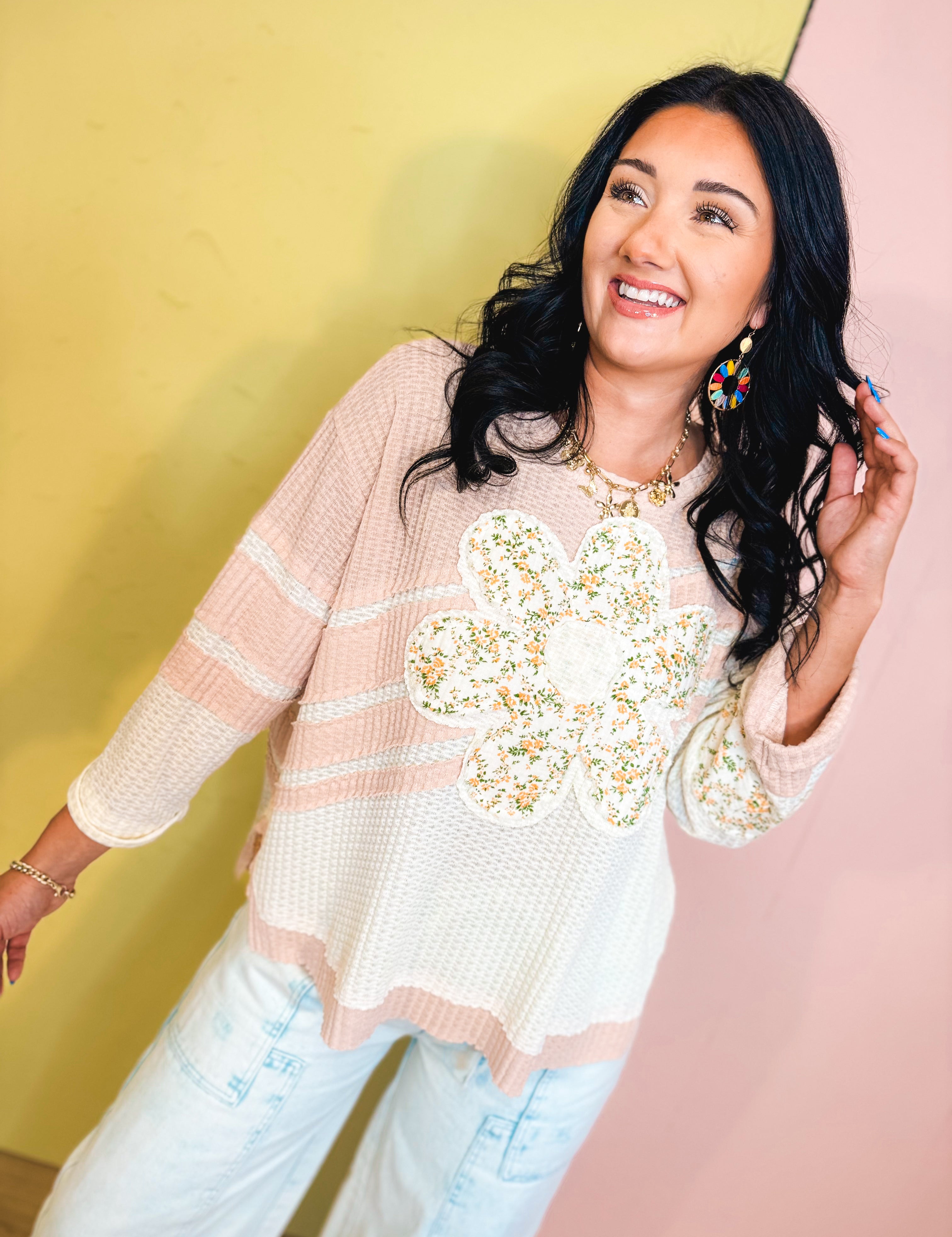 Daisy Patched Waffle Top - Mauve/Ivory - Lace and Grace Boutique