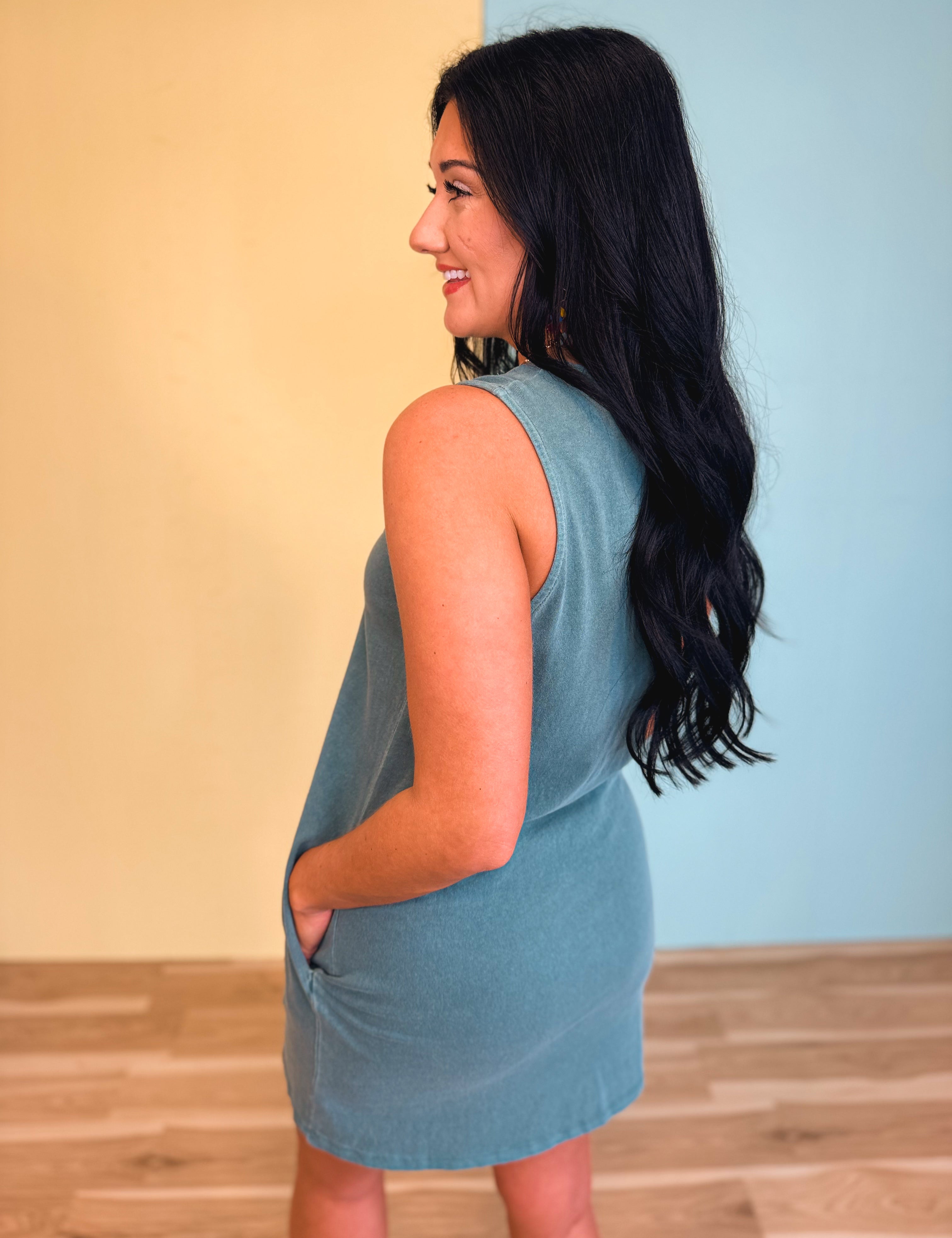Pigment Dyed Sleeveless Mini Dress - Dark Teal - Lace and Grace Boutique