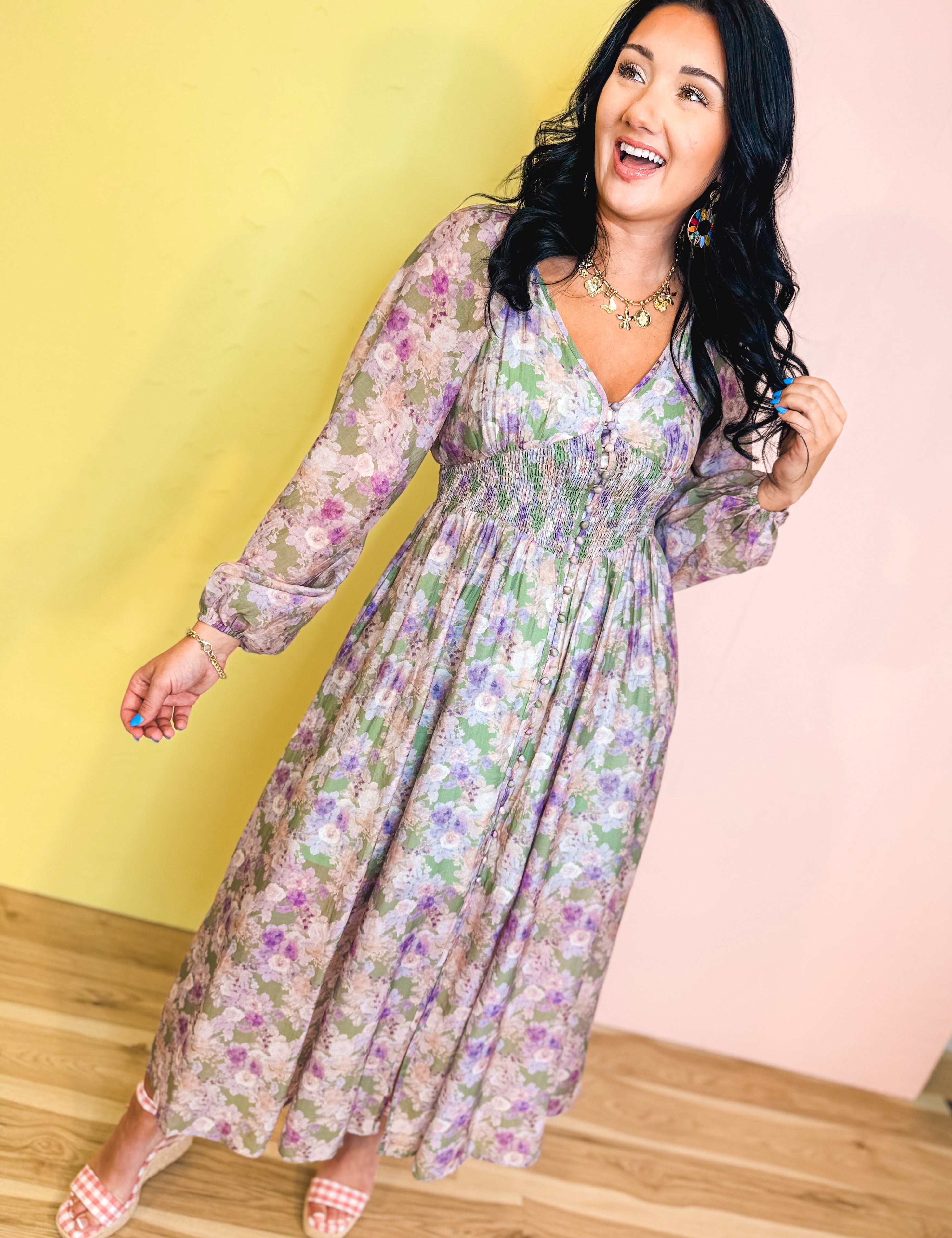 Tencel Floral Smocked Button Down Maxi Dress - Eucalyptus Tencel Floral Smocked Button Down Maxi Dress - Eucalyptus