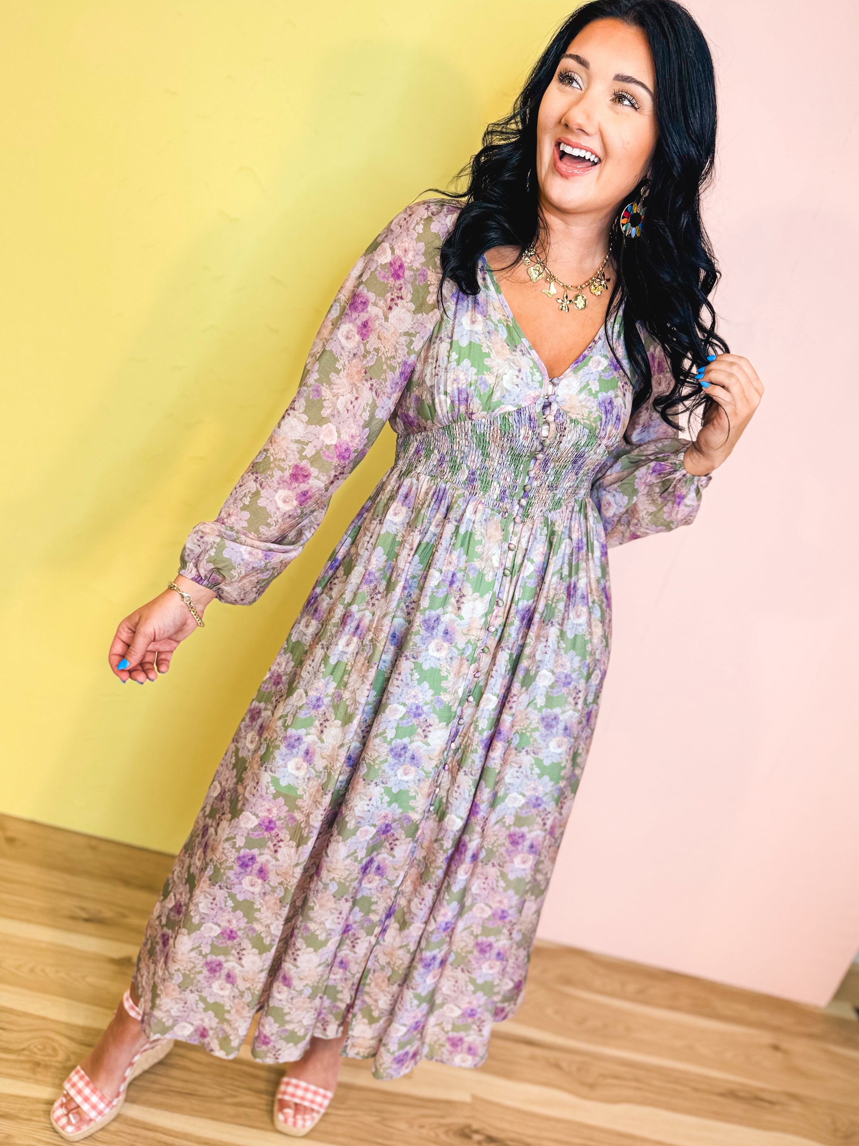 Tencel Floral Smocked Button Down Maxi Dress - Eucalyptus - Lace and Grace Boutique