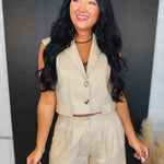 Button Up Vest & Pleated Shorts Set - Natural - Lace and Grace Boutique