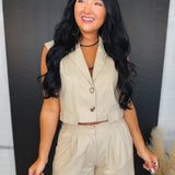 Button Up Vest & Pleated Shorts Set - Natural - Lace and Grace Boutique