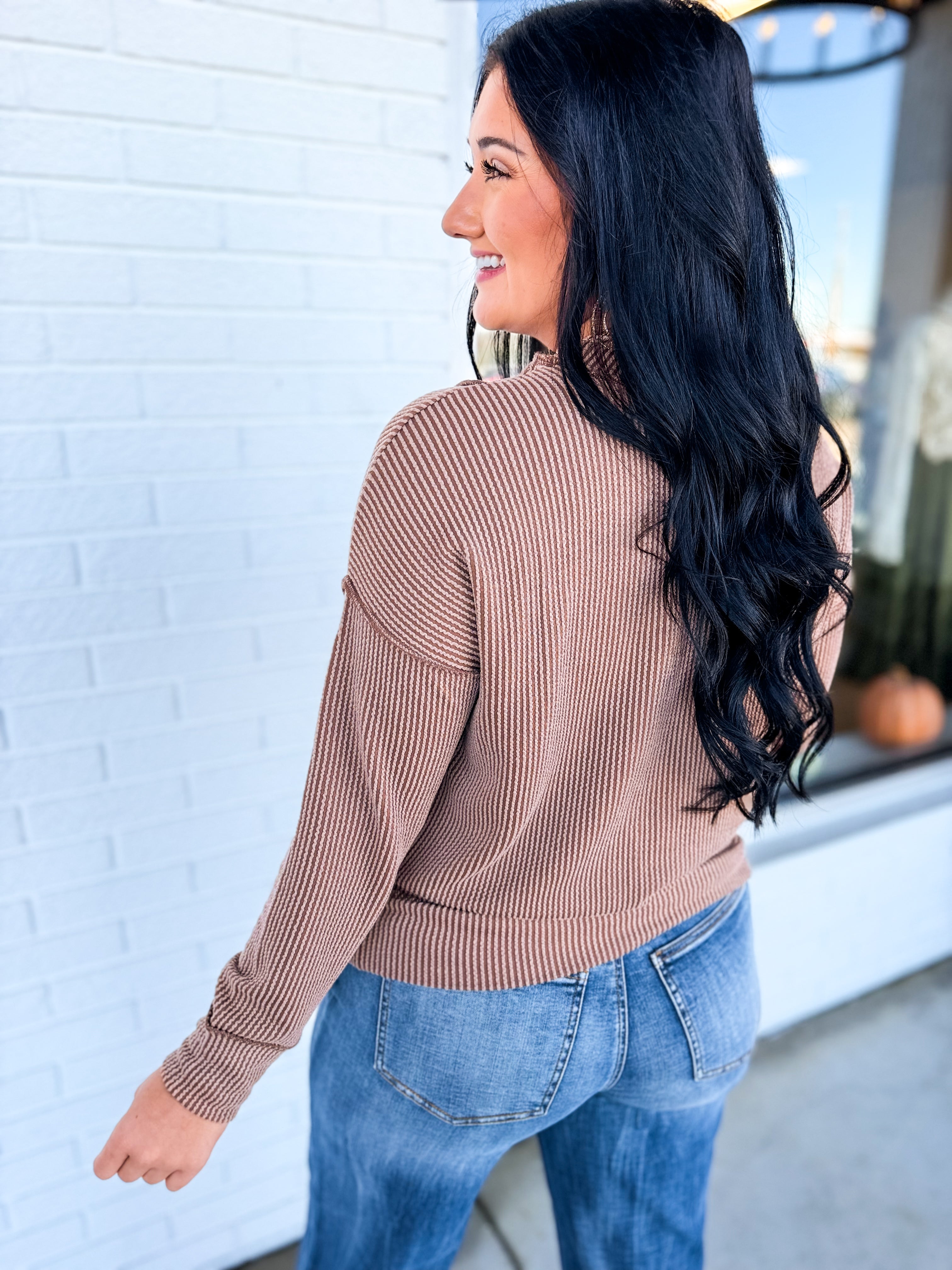Corded Rib Exposed Seam Pullover Top - Brown - Lace and Grace Boutique