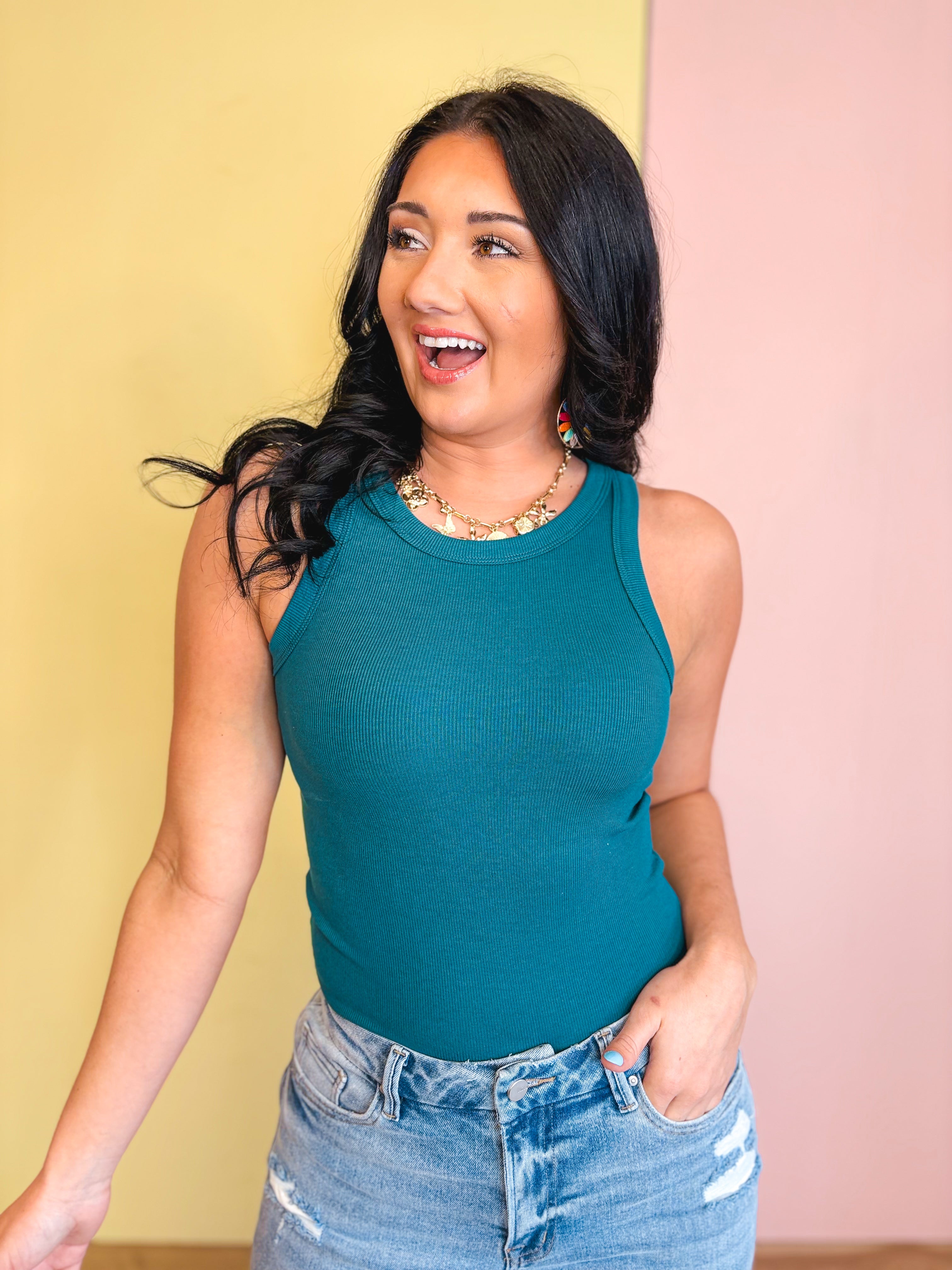 Crewneck Ribbed Tank Top - Teal - Lace and Grace Boutique