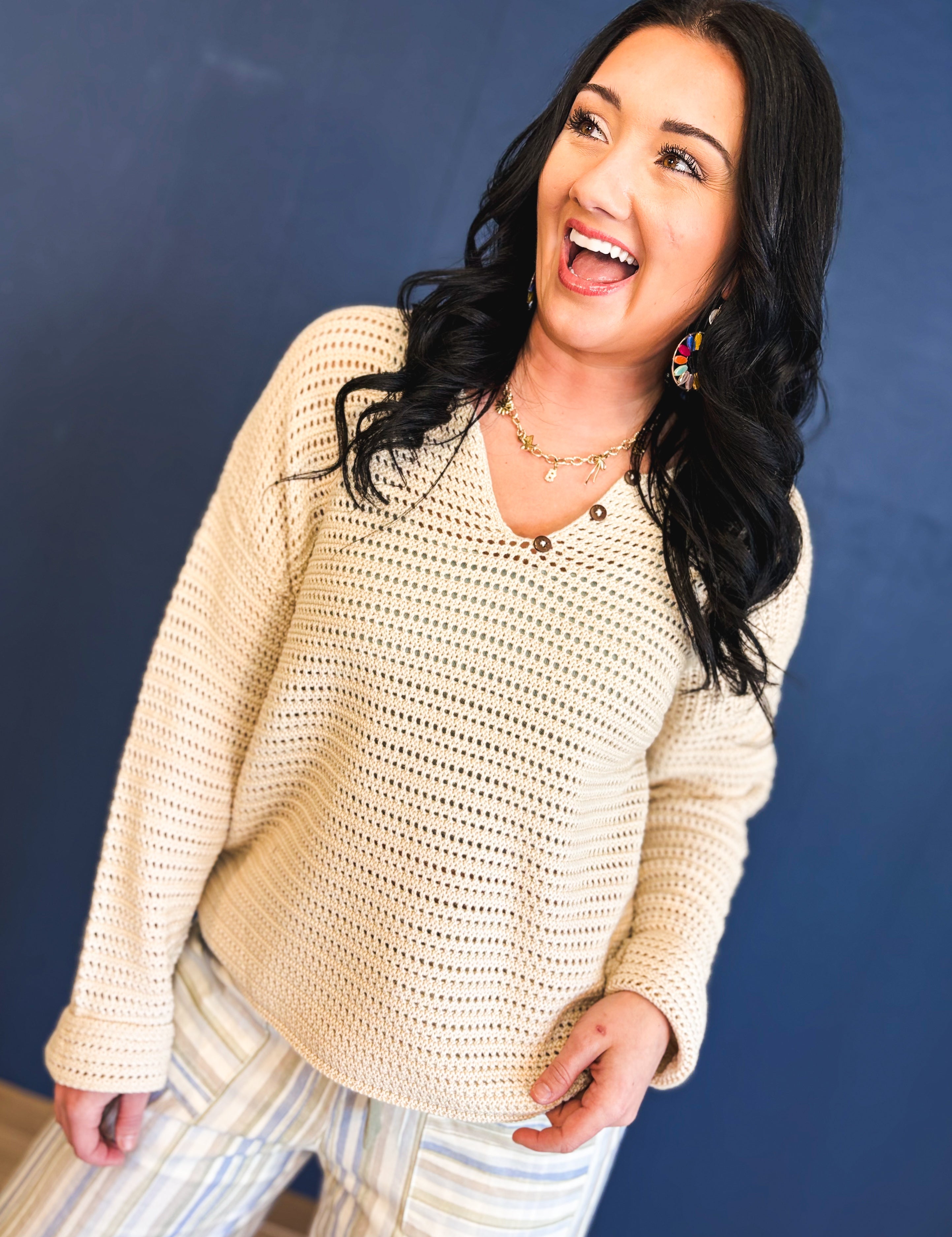 Open-Knit Button Detail Sweater - Natural - Lace and Grace Boutique