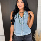 Striped V-Neck Button Down Tank Top - Light Denim - Lace and Grace Boutique