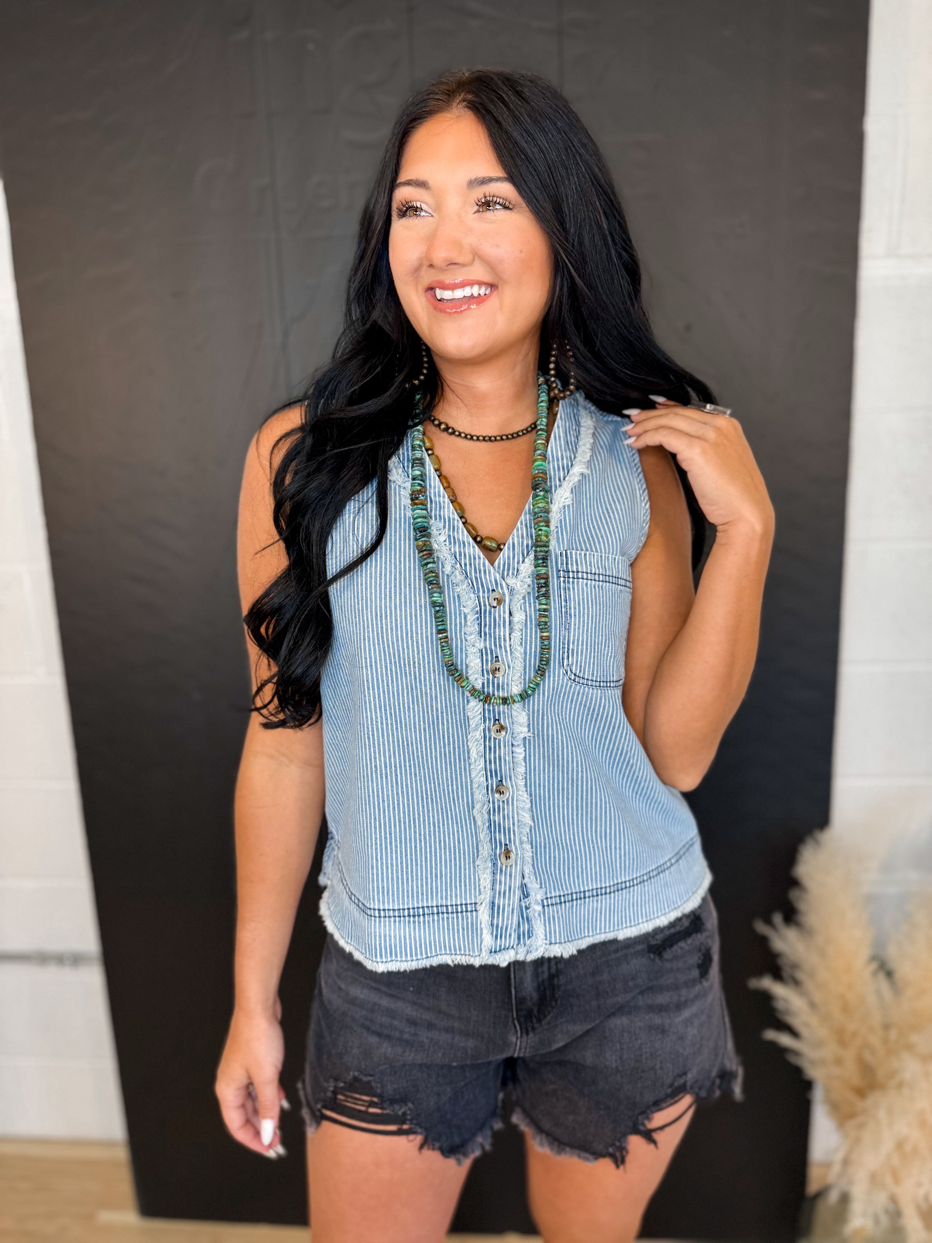 Striped V-Neck Button Down Tank Top - Light Denim - Lace and Grace Boutique