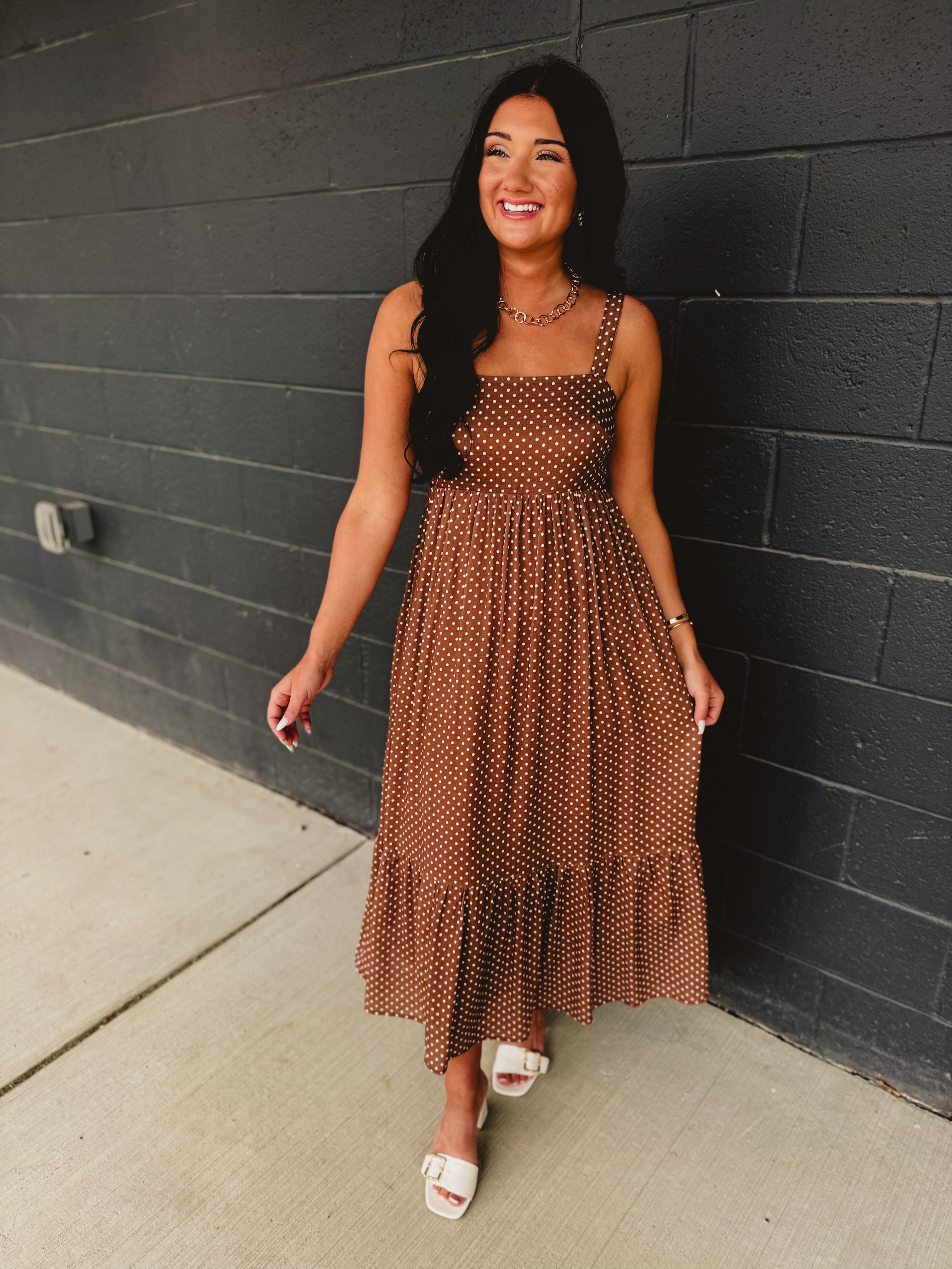Polka Dot Square Neck Maxi Dress - Latte - Lace and Grace Boutique