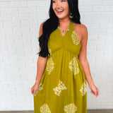 Smocked Border Print Maxi Dress - Olive Palm - Lace and Grace Boutique