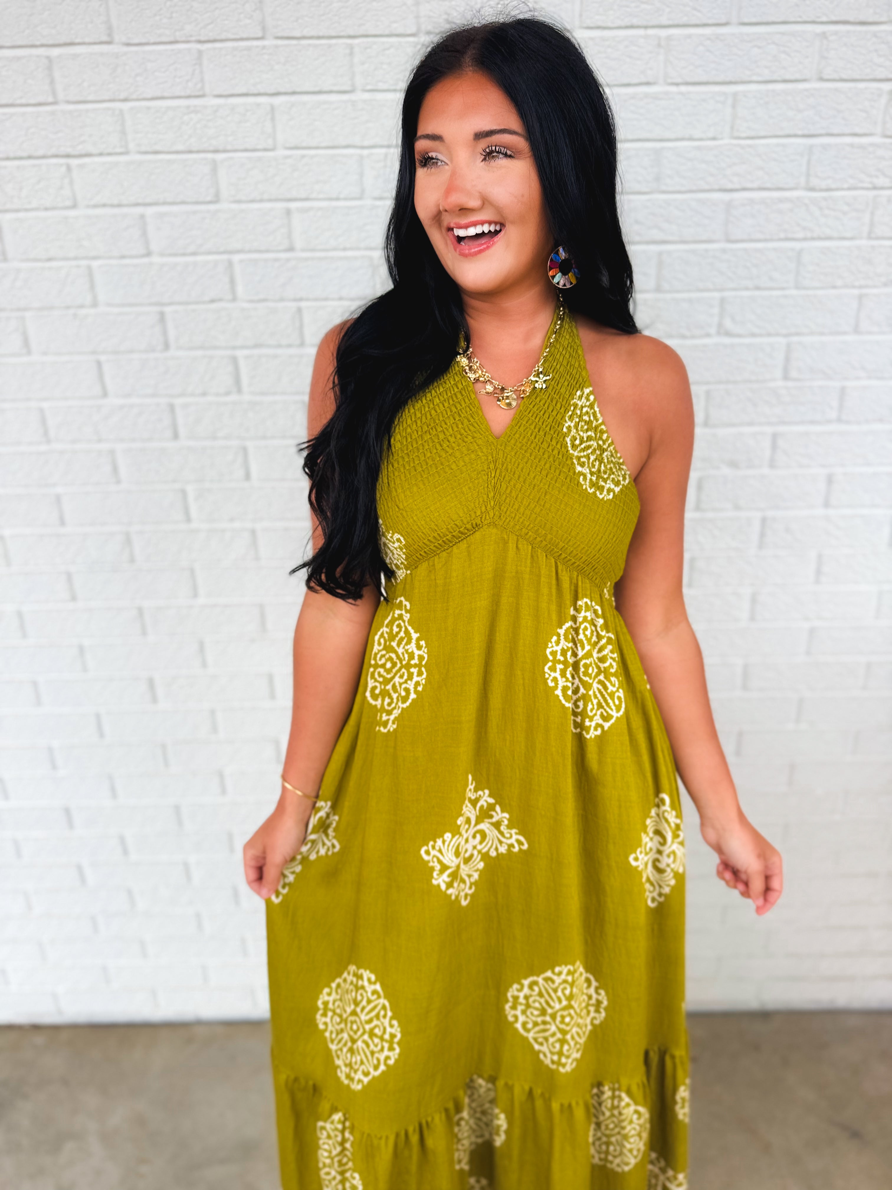 Smocked Border Print Maxi Dress - Olive Palm - Lace and Grace Boutique