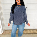 Acid Wash Ribbed Pullover Top - Navy