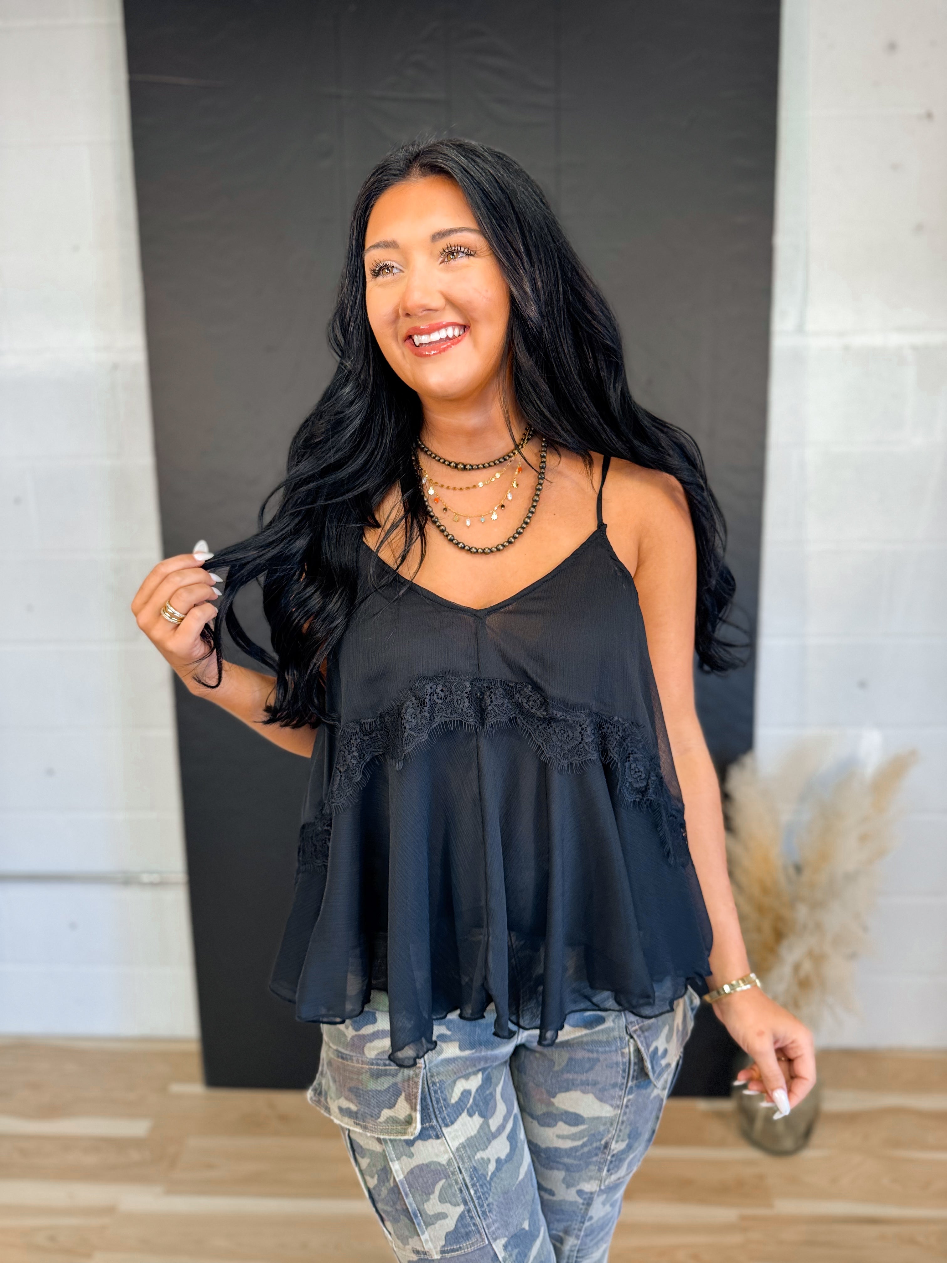 Lace Trim V-Neck Camisole Tank Top - Black - Lace and Grace Boutique