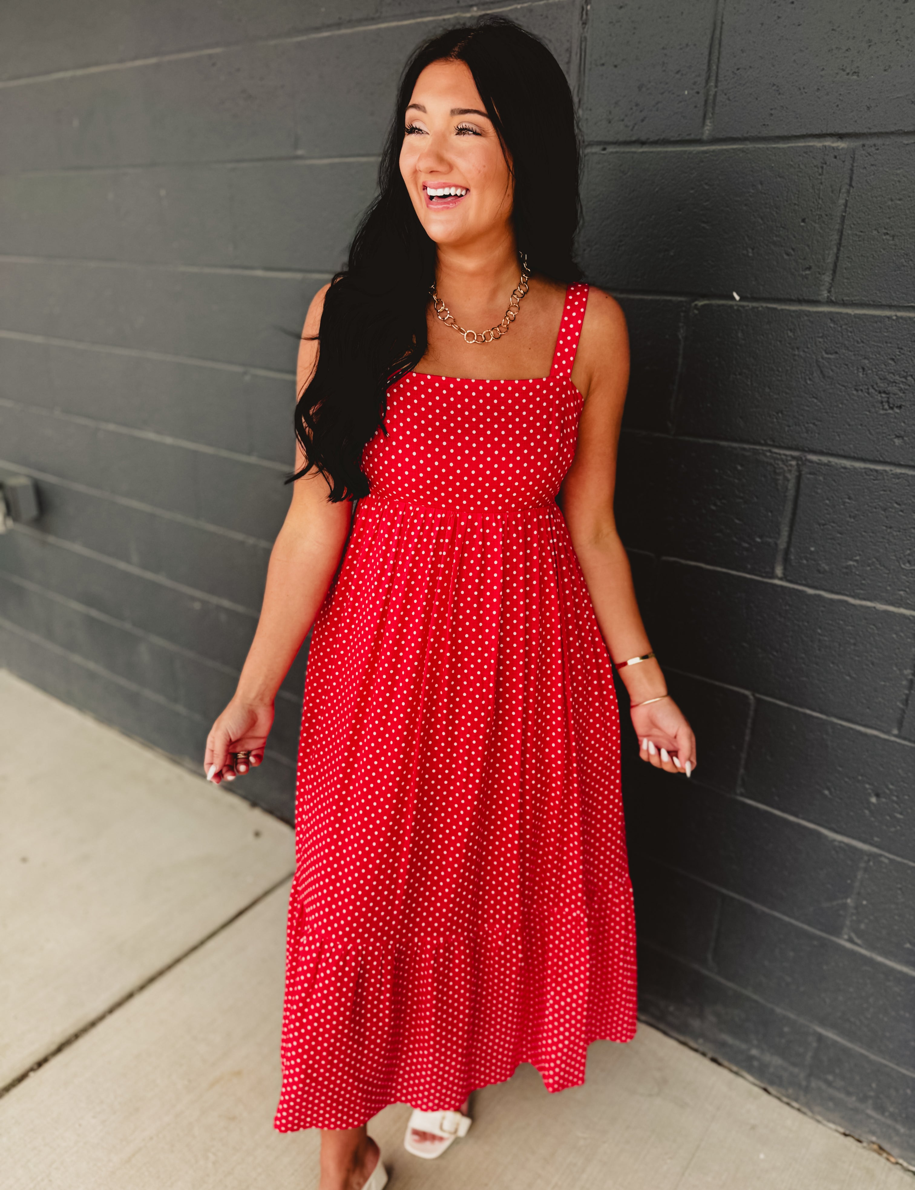 Polka Dot Square Neck Maxi Dress - Chili - Lace and Grace Boutique