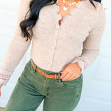 Delicate Lace Trim Button Up Sweater Cardigan - Latte