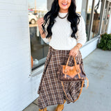 Plaid Printed Jagged Hem Midi Skirt - Brown