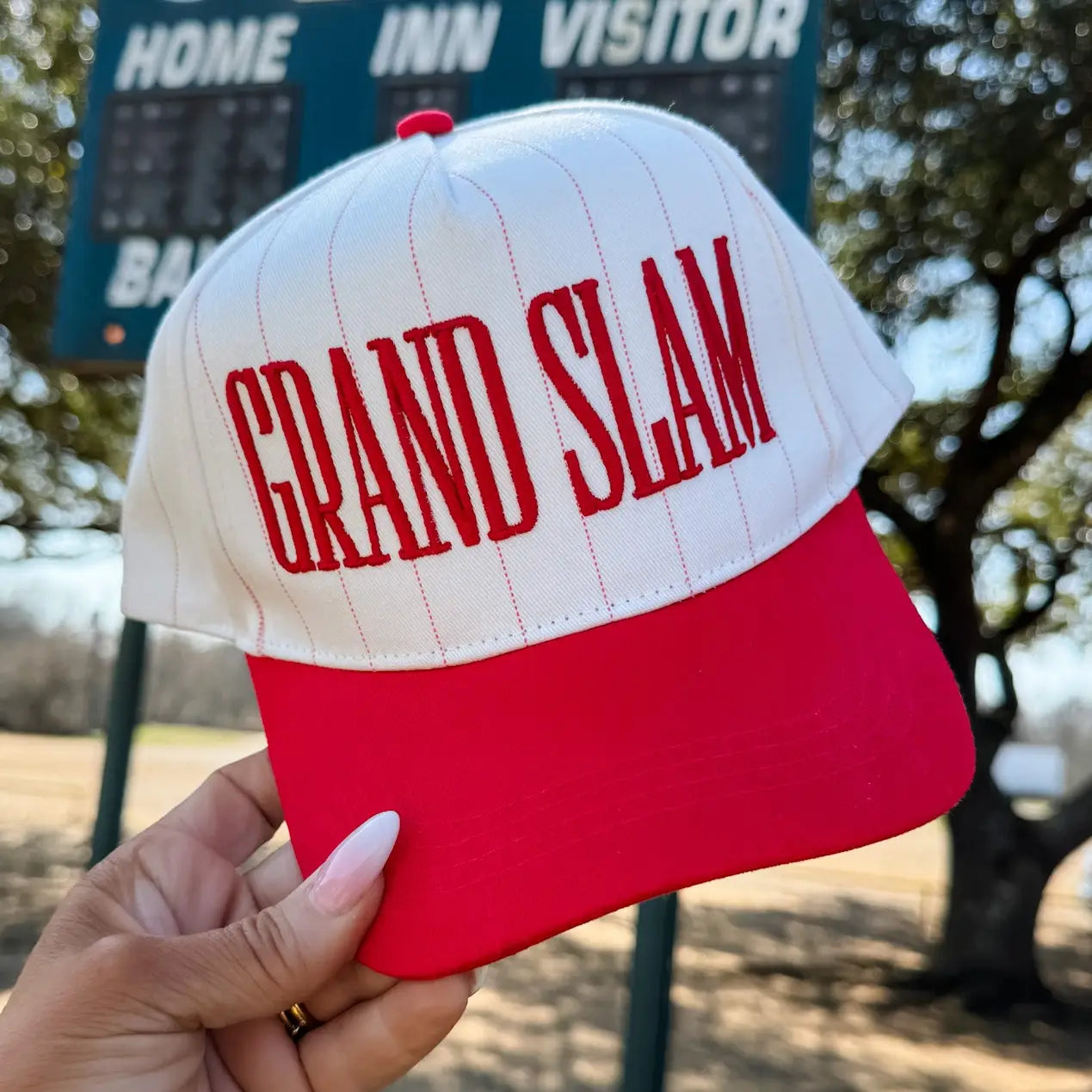 Grand Slam Embroidered Pinstripe Baseball Cap - Lace and Grace Boutique