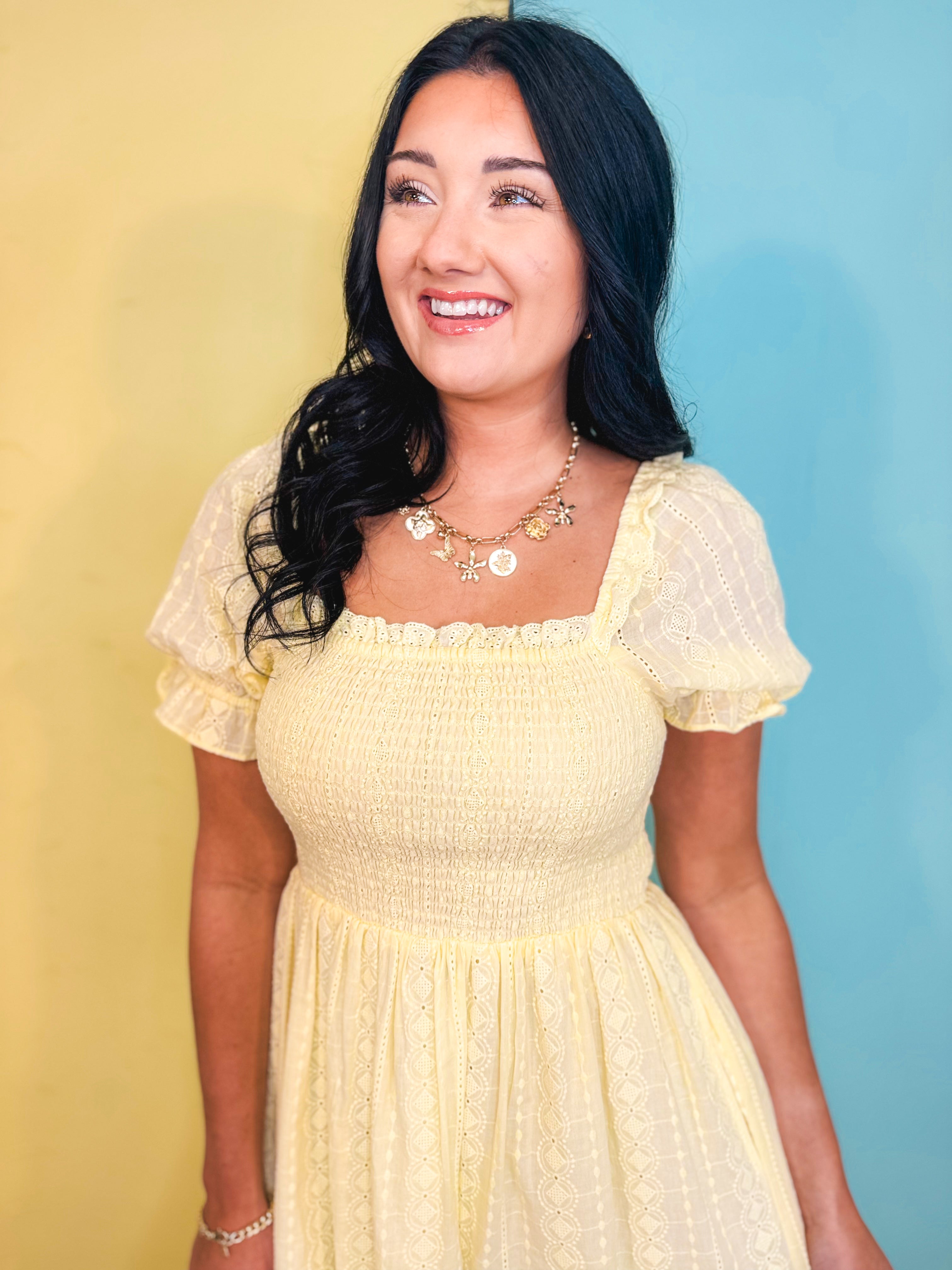 Smocked Eyelet Lace Maxi Dress - Lemon Water - Lace and Grace Boutique