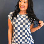 Checkered Print Casual Knit Top - Denim Blue - Lace and Grace Boutique