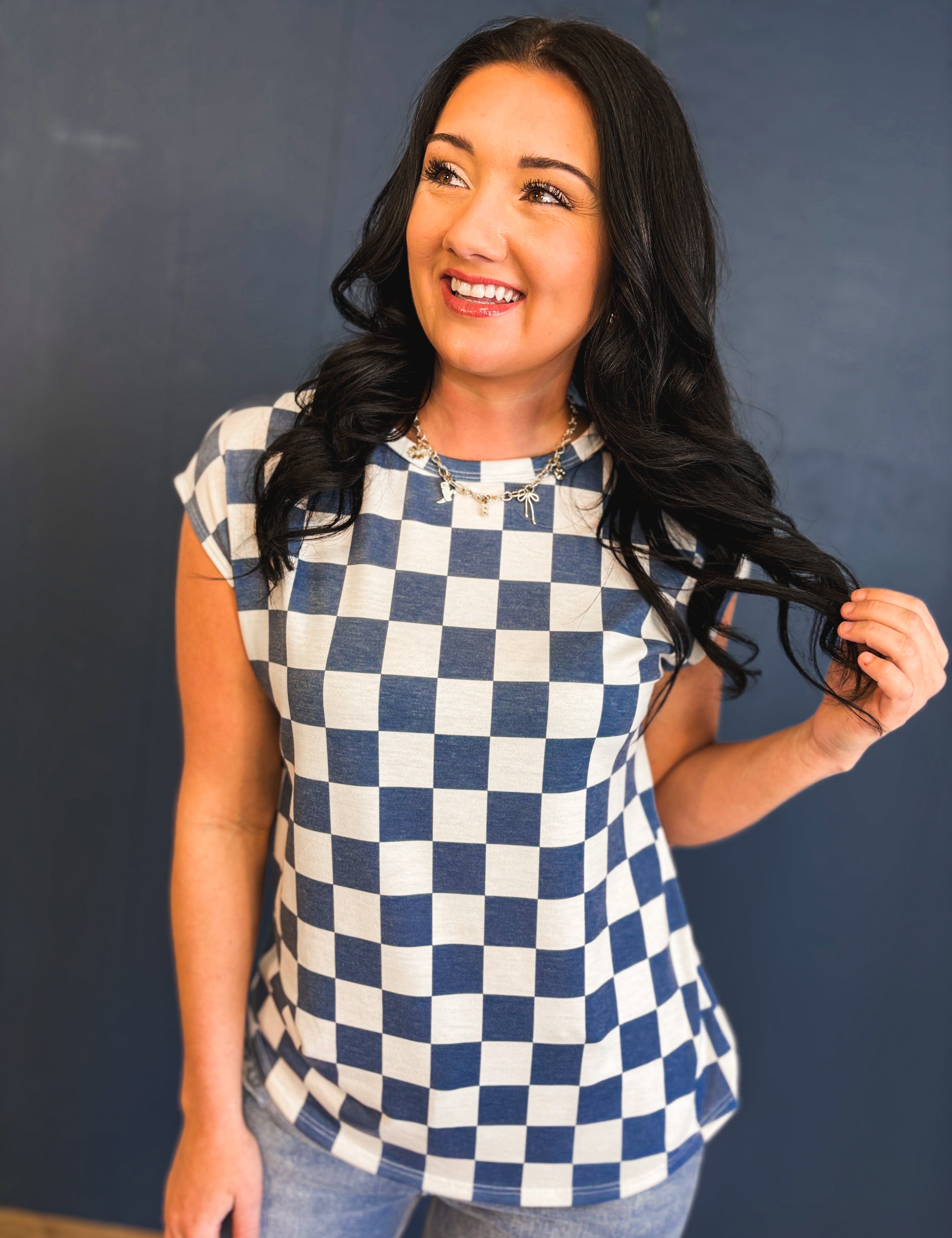 Checkered Print Casual Knit Top - Denim Blue - Lace and Grace Boutique