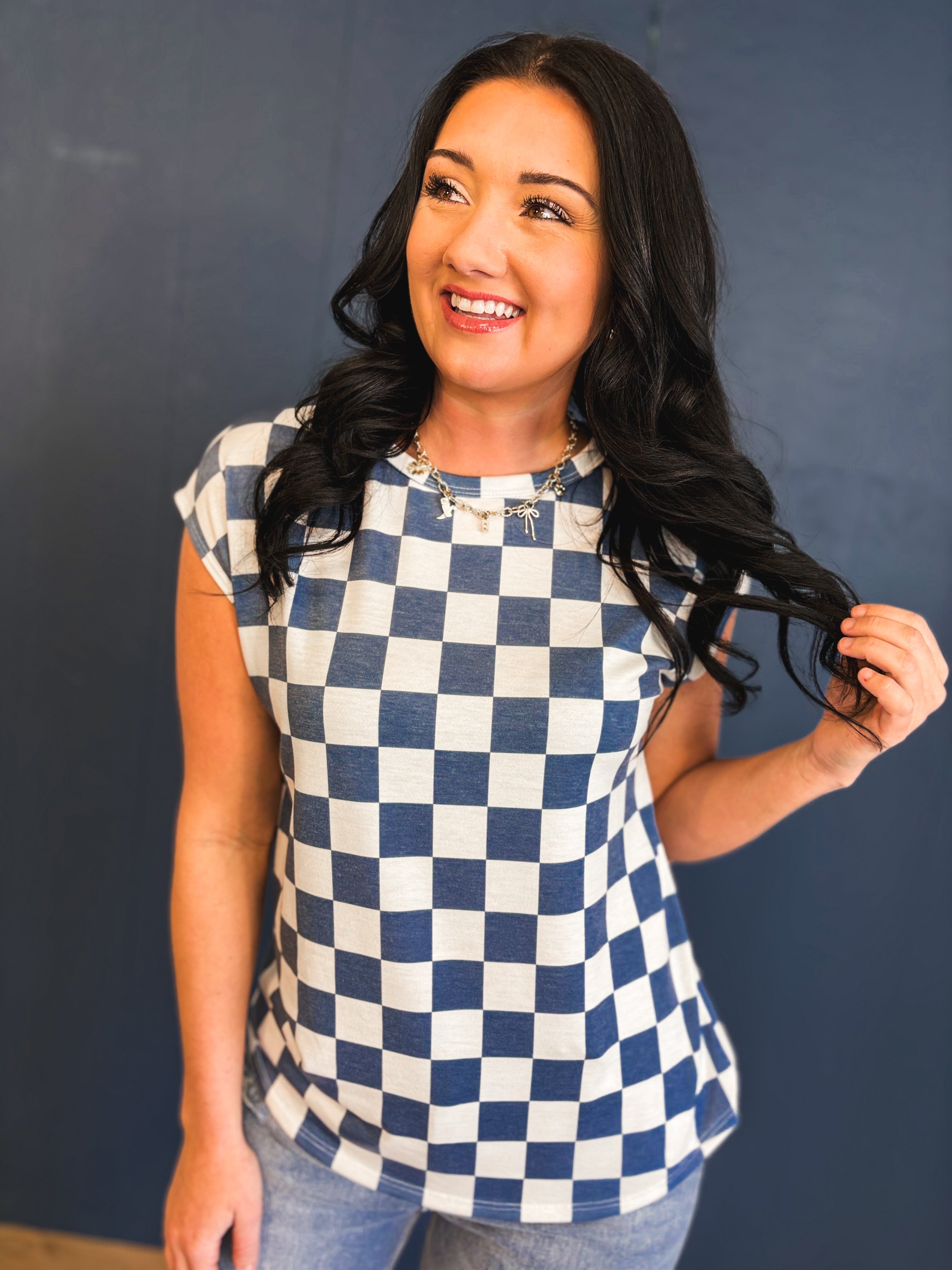 Checkered Print Casual Knit Top - Denim Blue - Lace and Grace Boutique
