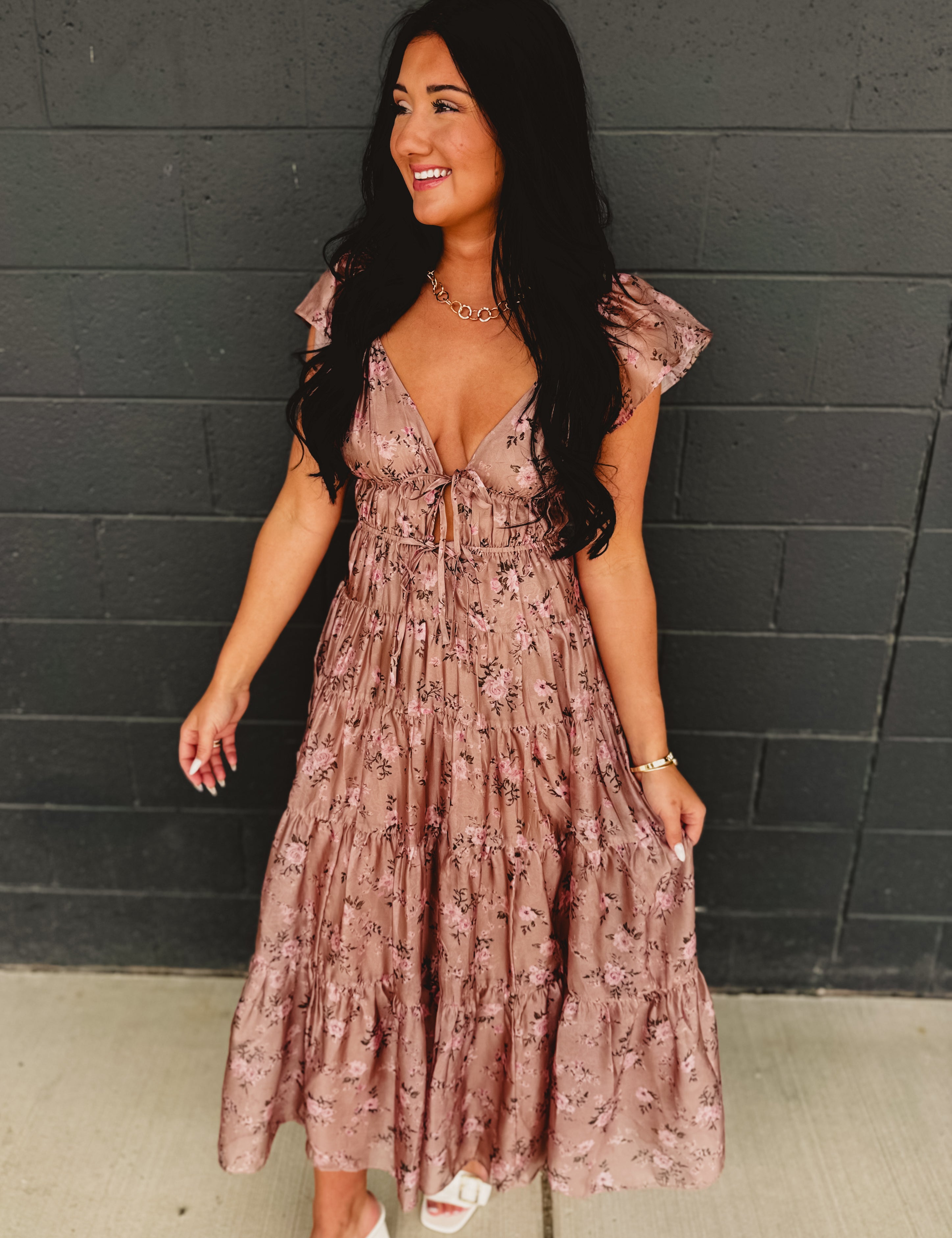 Floral Front Tie Tiered Midi Dress - Mauve - Lace and Grace Boutique