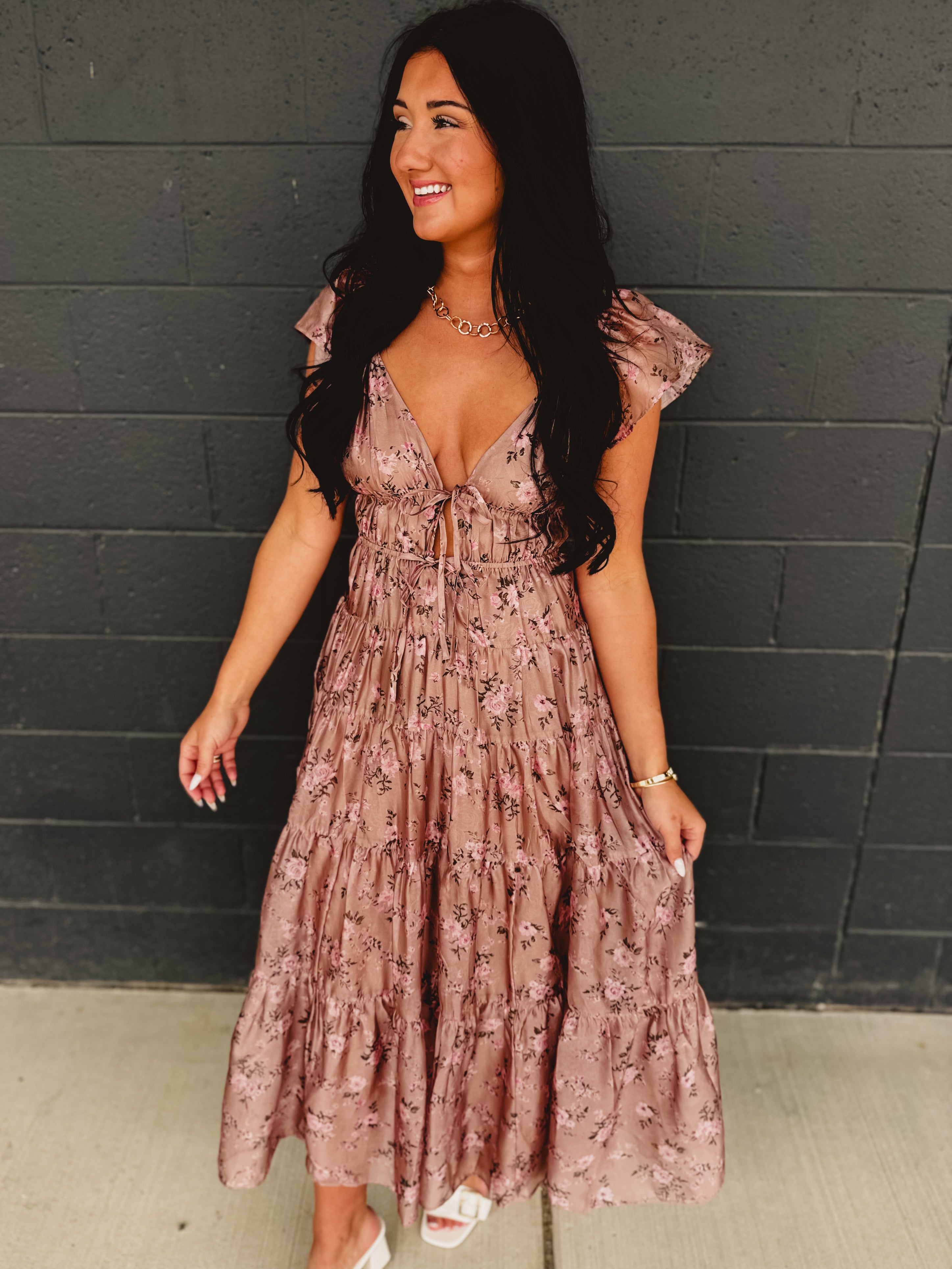 Floral Front Tie Tiered Midi Dress - Mauve - Lace and Grace Boutique