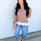 Lace Trim Thermal Knit Top - Latte