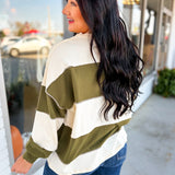 Striped Long Sleeve Oversized Top - Olive/Ivory