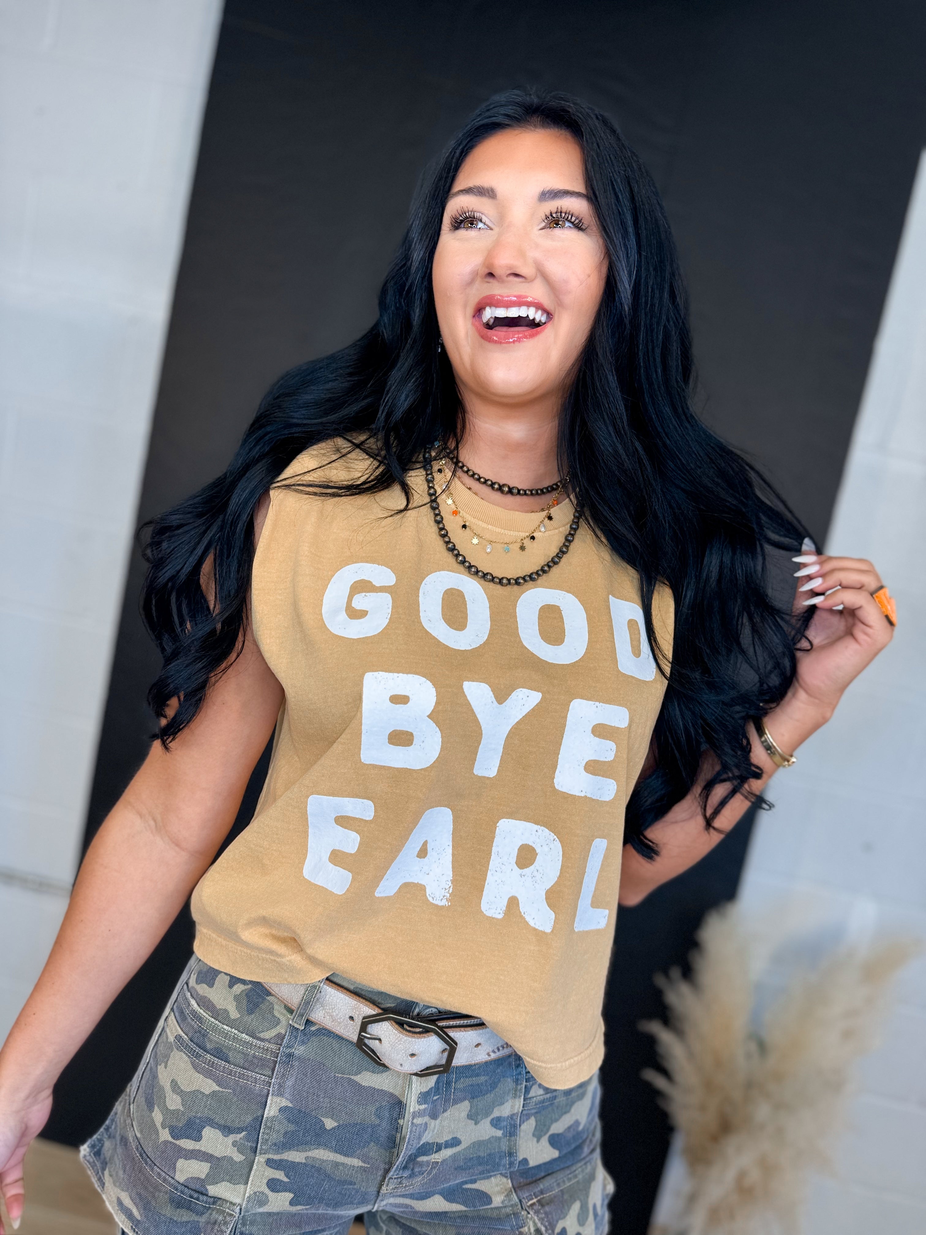 Good Bye Earl Graphic Muscle Tank - Faded Mustard - Lace and Grace Boutique