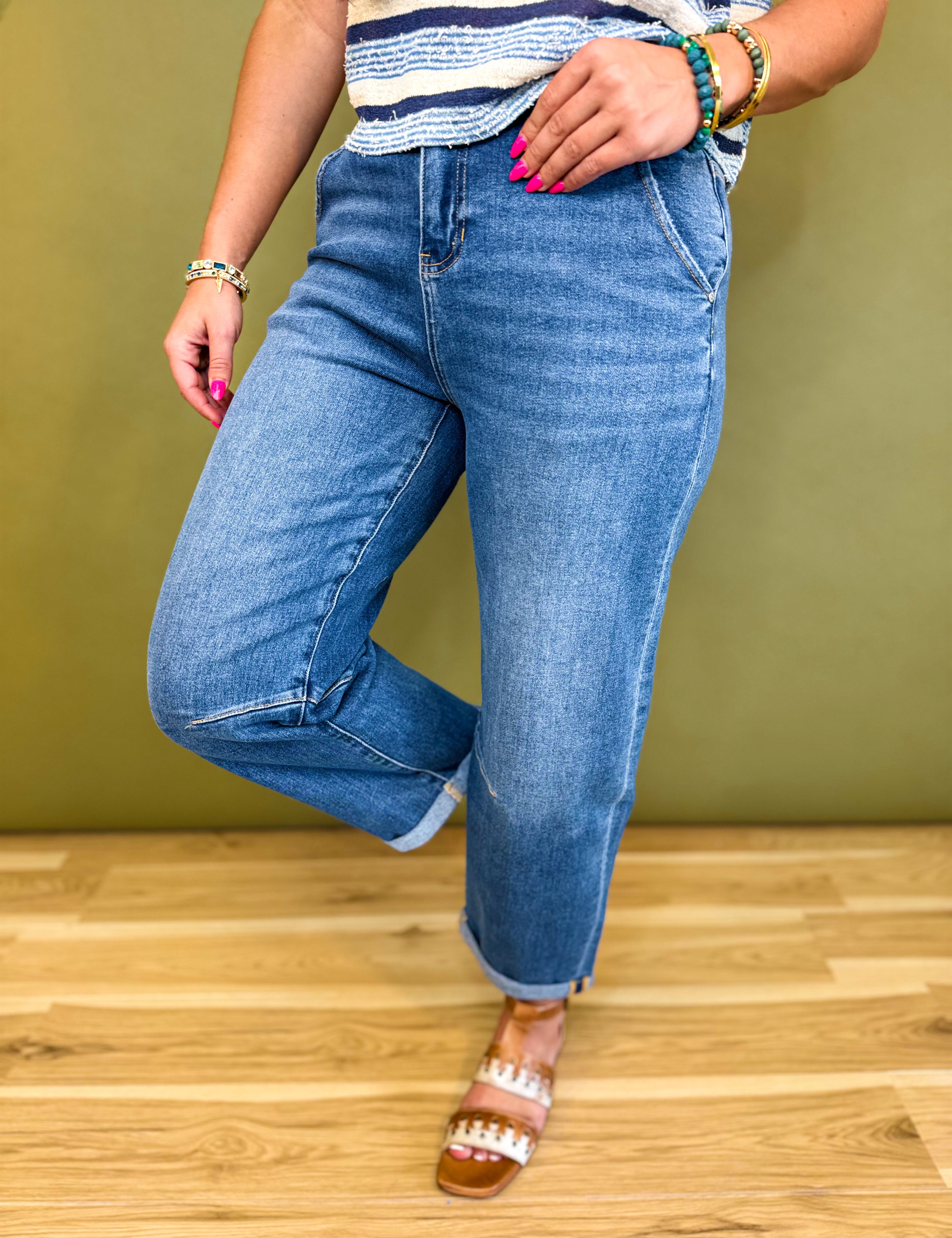 Stretch Denim Cuffed Barrel Leg Jean - Medium - Lace and Grace Boutique