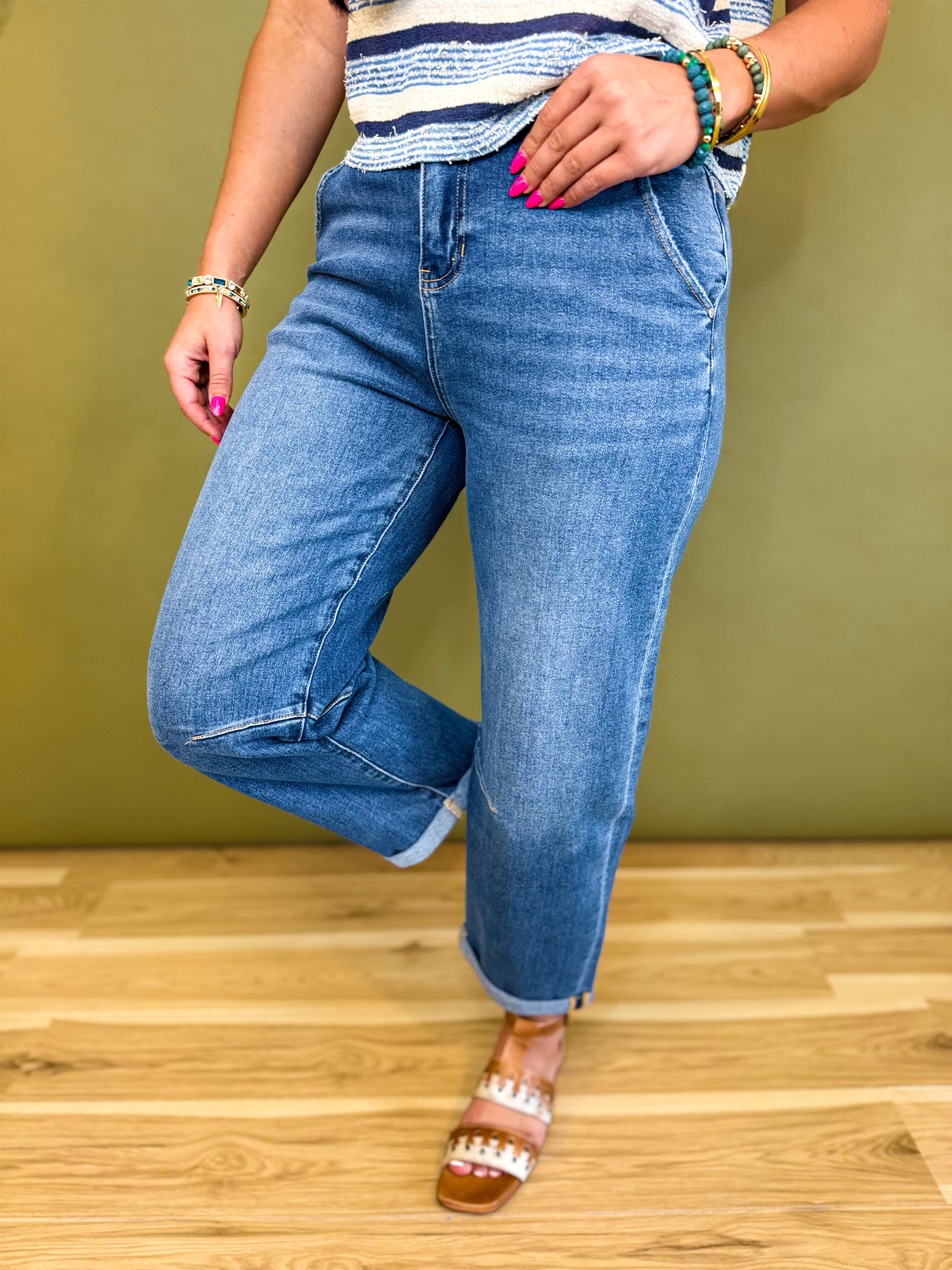 Stretch Denim Cuffed Barrel Leg Jean - Medium - Lace and Grace Boutique