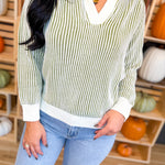 Luxe Two Tone Striped Hooded Sweater - Olive/Cream - Lace and Grace Boutique