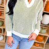 Luxe Two Tone Striped Hooded Sweater - Olive/Cream - Lace and Grace Boutique