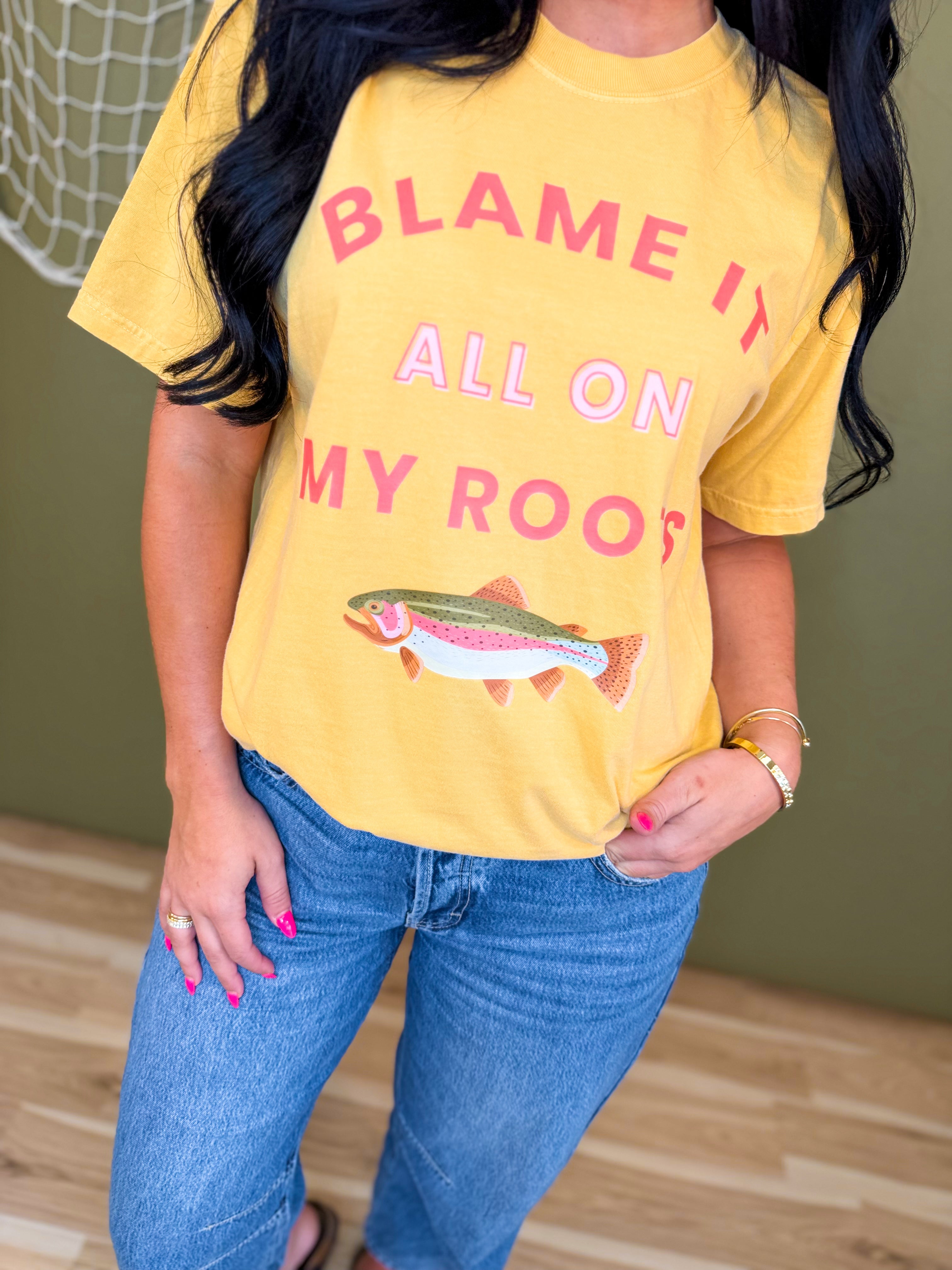 Blame It All On My Roots Trout Graphic Tee - Mustard - Lace and Grace Boutique
