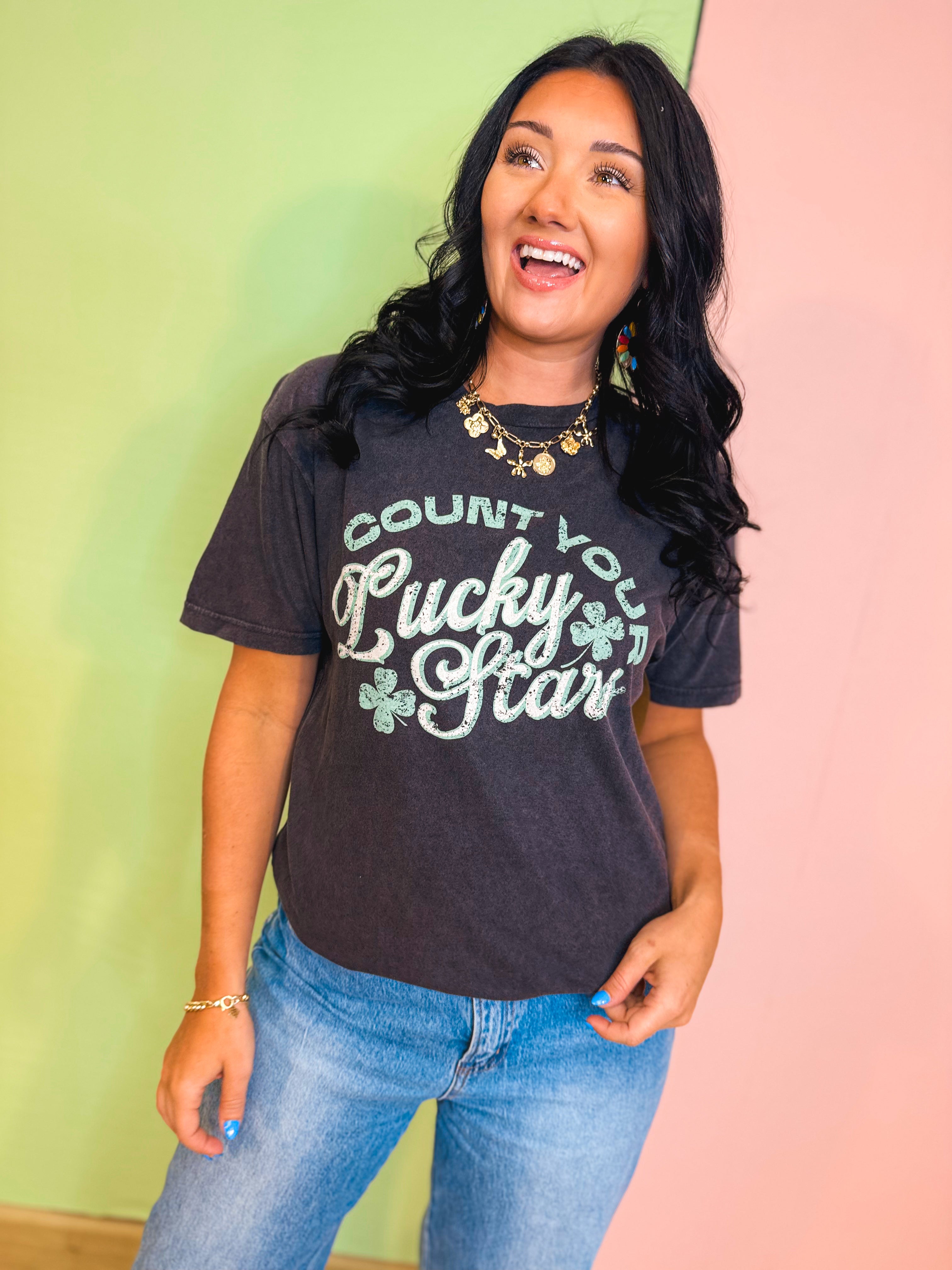 Count Your Lucky Stars Graphic Tee - Vintage Black - Lace and Grace Boutique