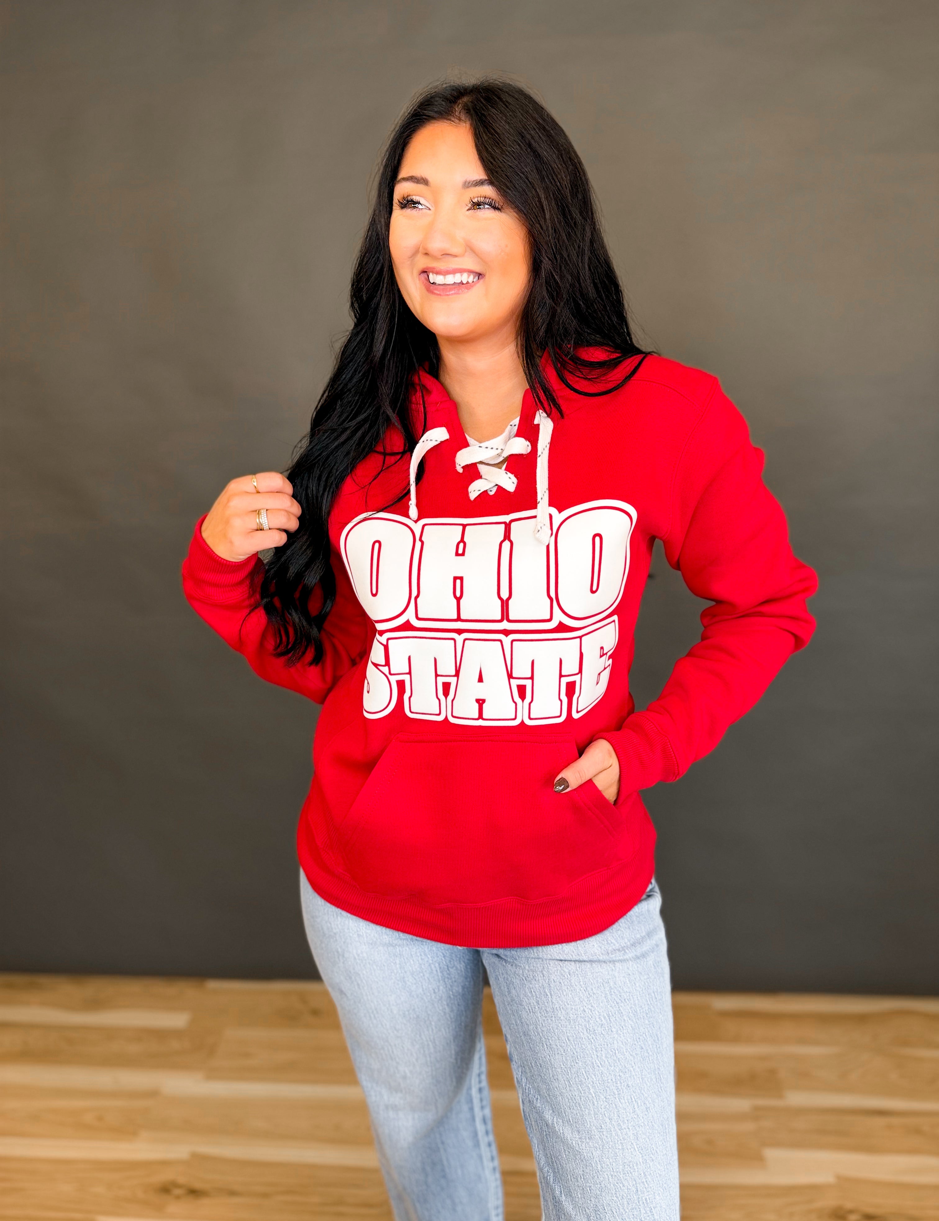 Ohio State Puff Letter Laced Up Hoodie - Red - Lace and Grace Boutique