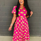 Polka Dot Cotton Poplin Button Up Maxi Dress - Hot Pink/Green - Lace and Grace Boutique